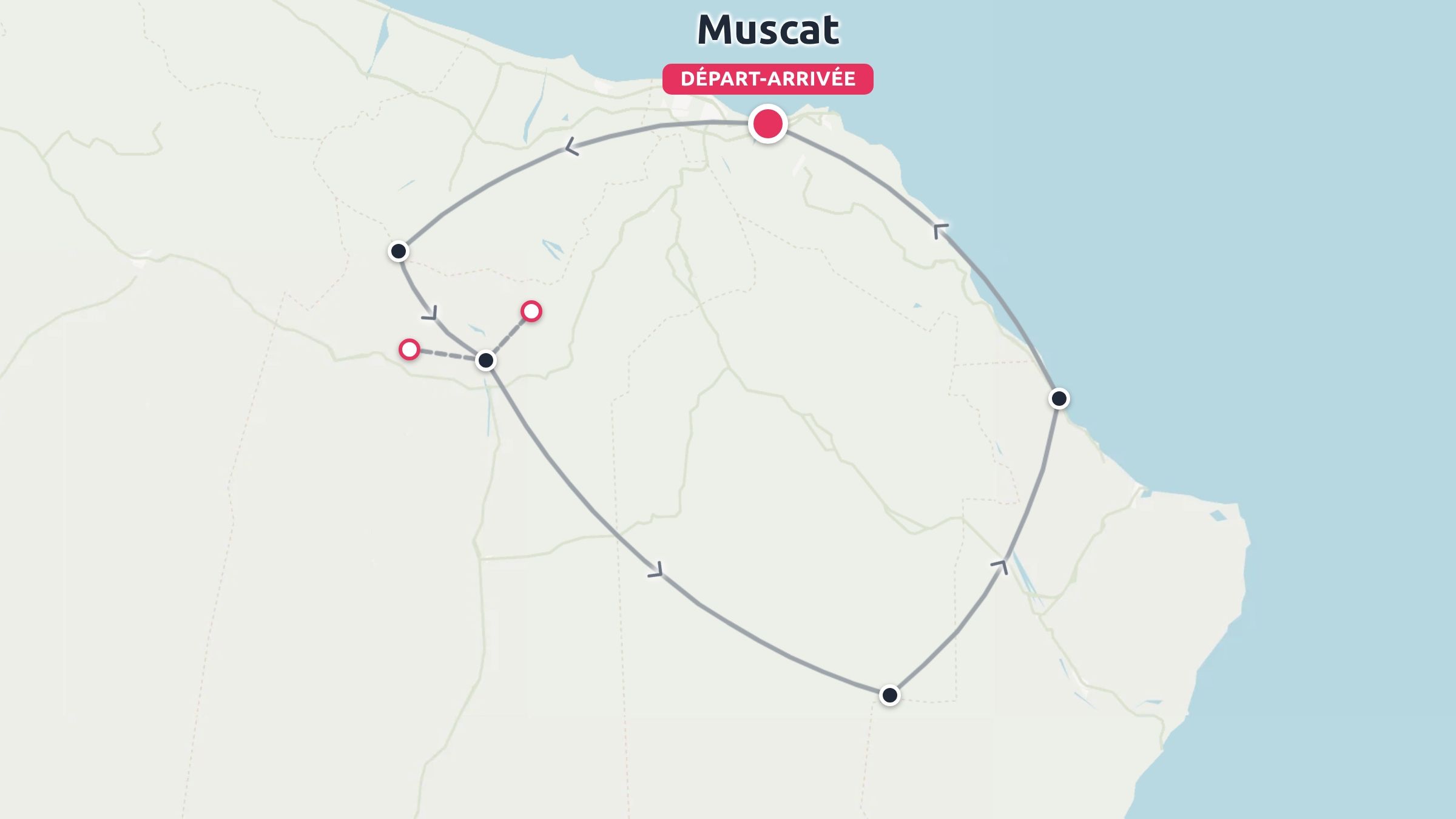 Une carte d'itinéraire de voyage montrant un parcours circulaire débutant et se terminant à Mascate par des sentiers côtiers et intérieurs.