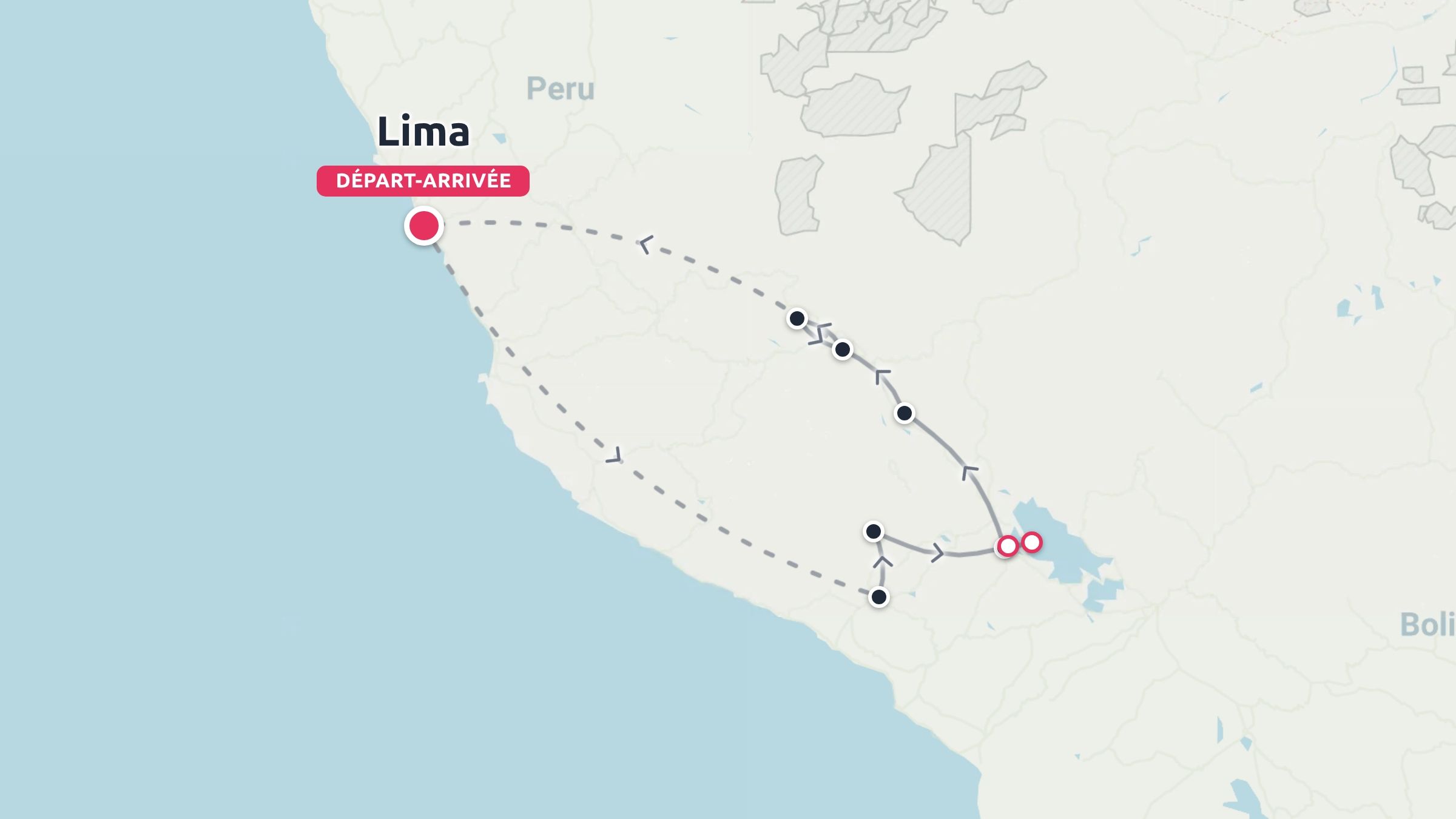 Une carte d'itinéraire de voyage au Pérou montrant un circuit circulaire commençant et se terminant à Lima.