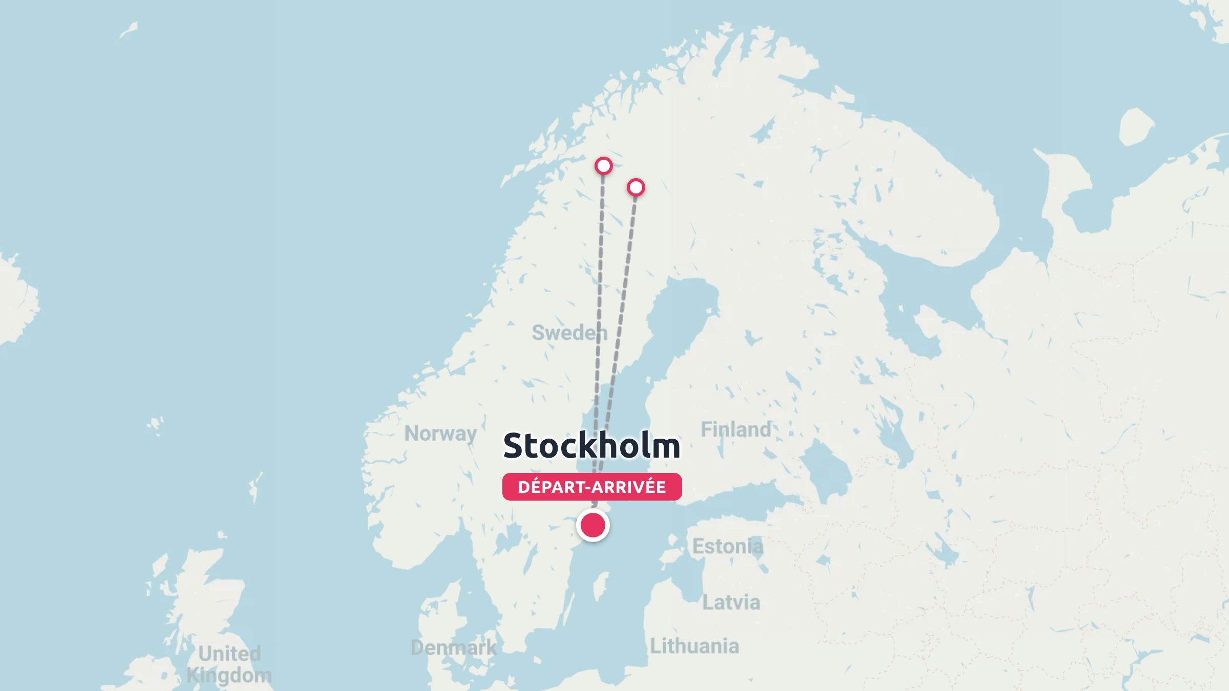 Une carte d'itinéraire de voyage en Suède montrant un voyage commençant et se terminant à Stockholm avec des destinations nordiques marquées