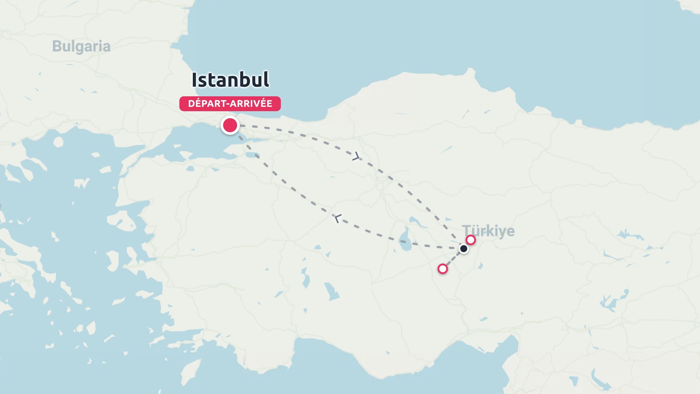 Un itineraire de voyage en Turquie montrant un parcours circulaire commencant et se terminant a Istanbul