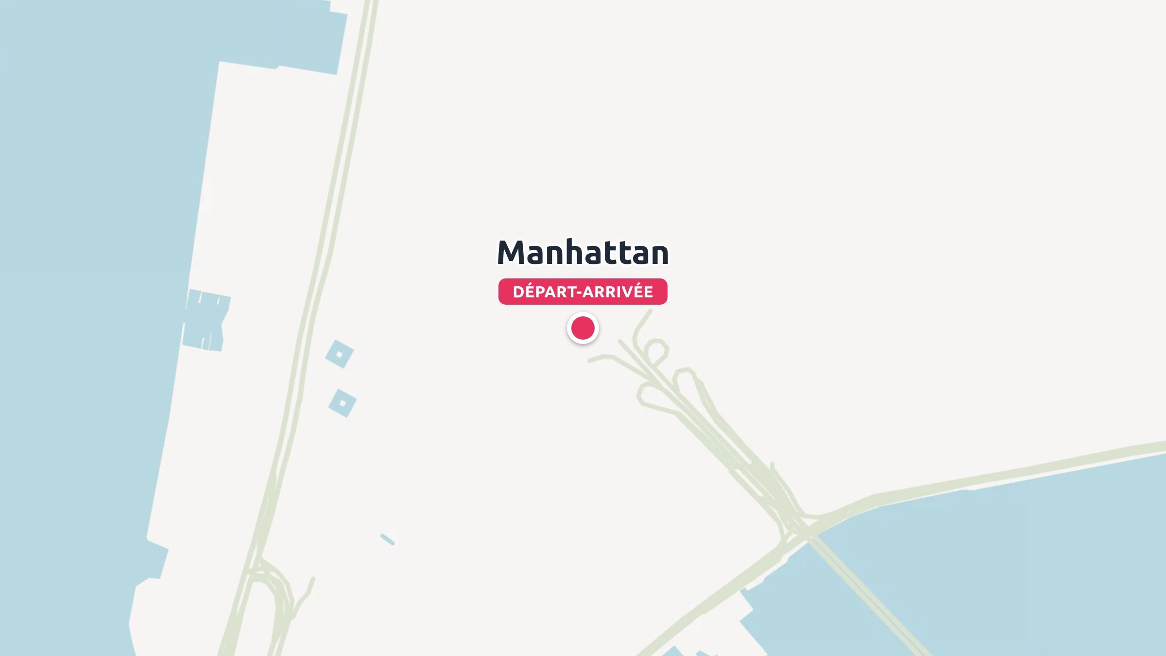 Une carte de voyage indiquant le point de départ et d'arrivée à Manhattan avec une épingle rose