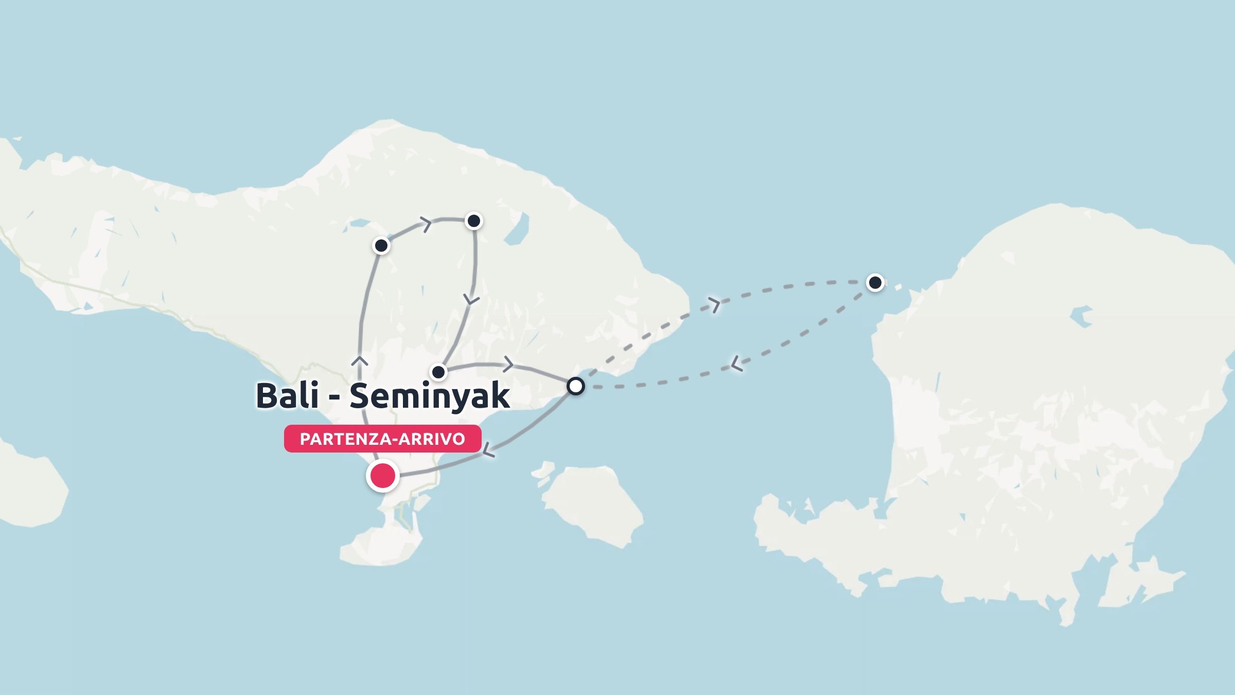 Mappa dell'itinerario di viaggio a Bali con indicatori di percorso e partenza e arrivo a Seminyak