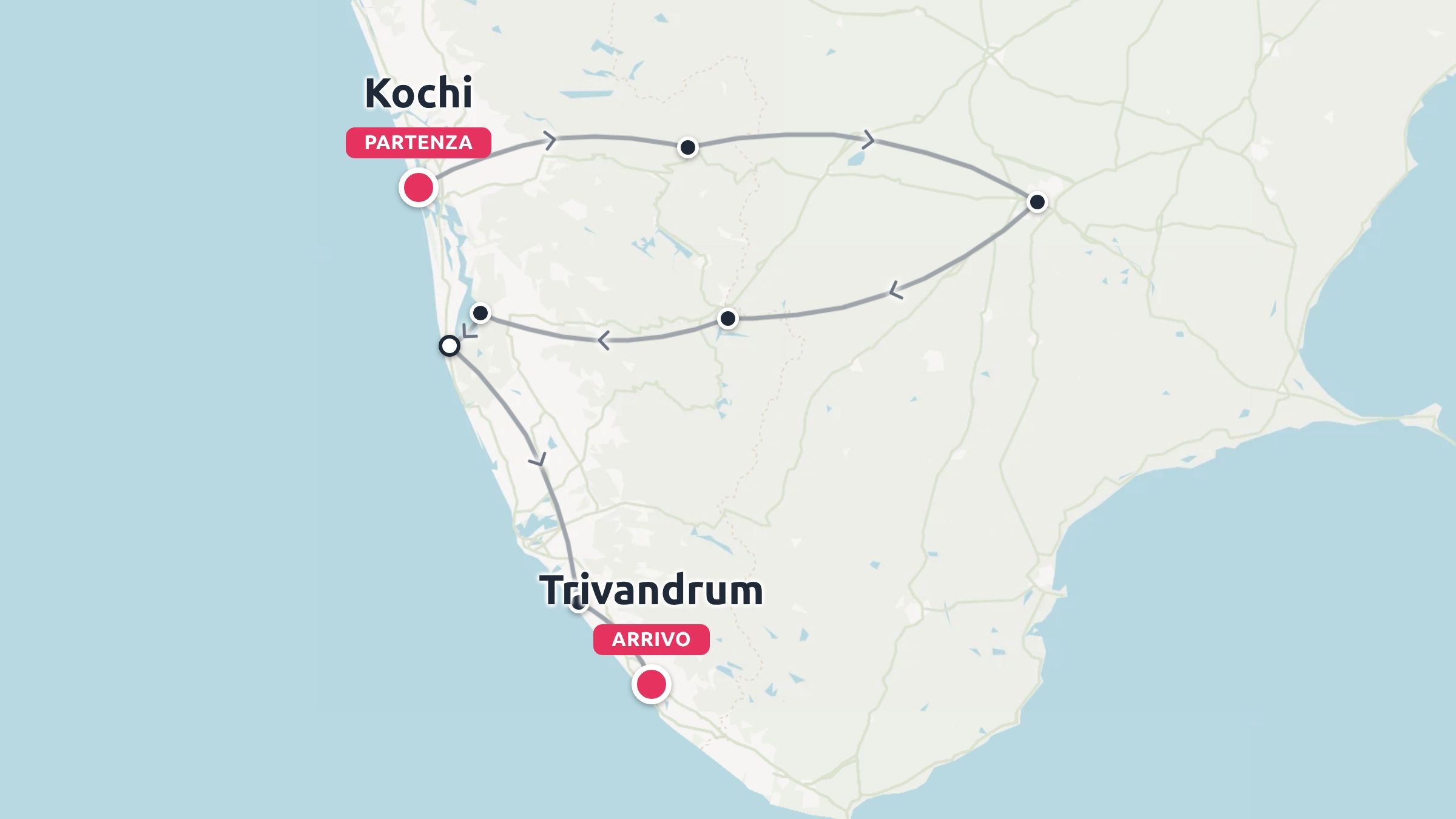 Mappa dell'itinerario di viaggio in Kerala, India, che mostra un percorso con partenza da Kochi e arrivo a Trivandrum.