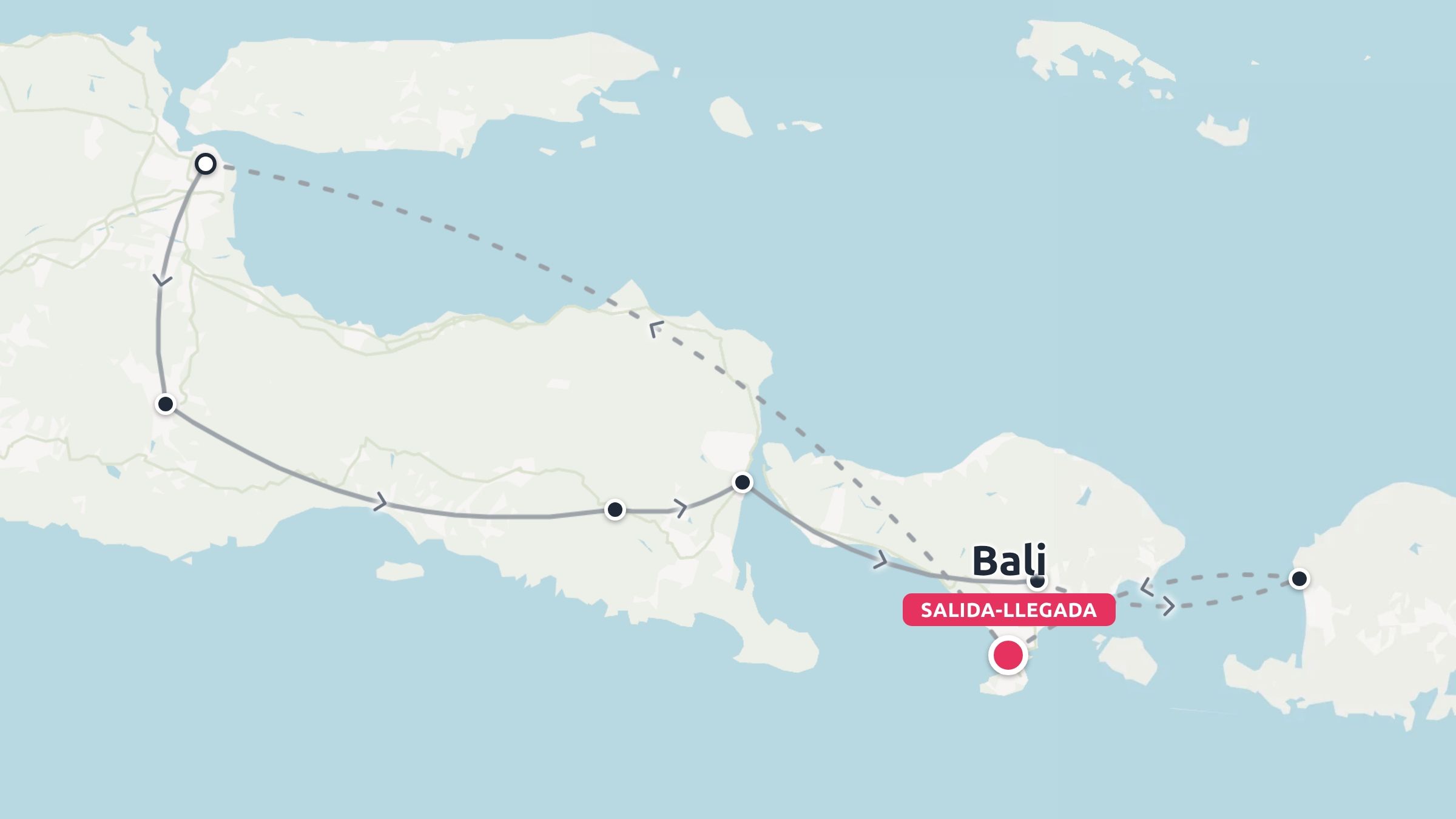 Un mapa de itinerario de viaje que muestra una ruta por Bali y las islas circundantes con paradas y caminos marcados.