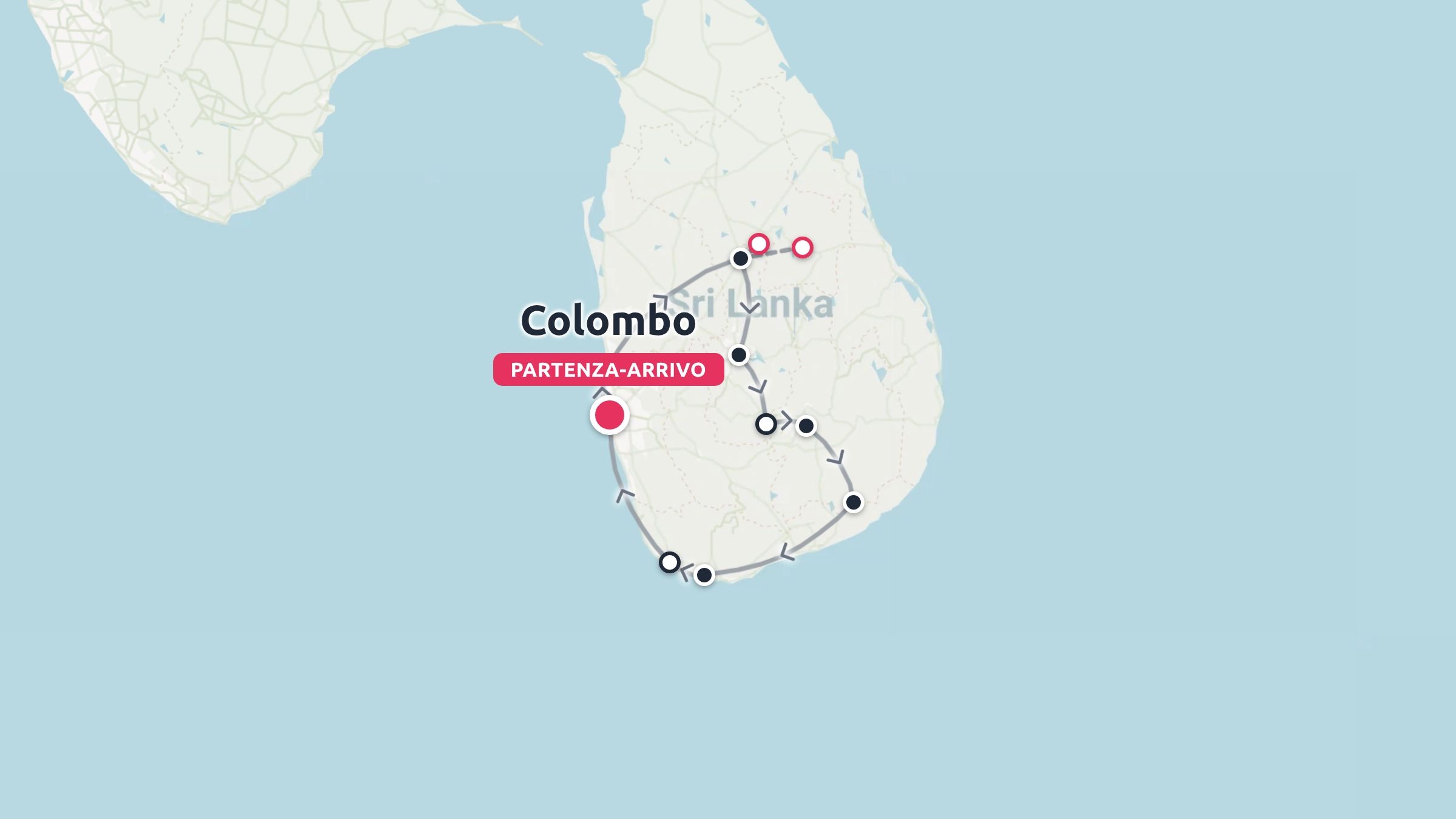 Itinerario di viaggio in Sri Lanka con mappa, che evidenzia un anello con partenza e arrivo a Colombo.