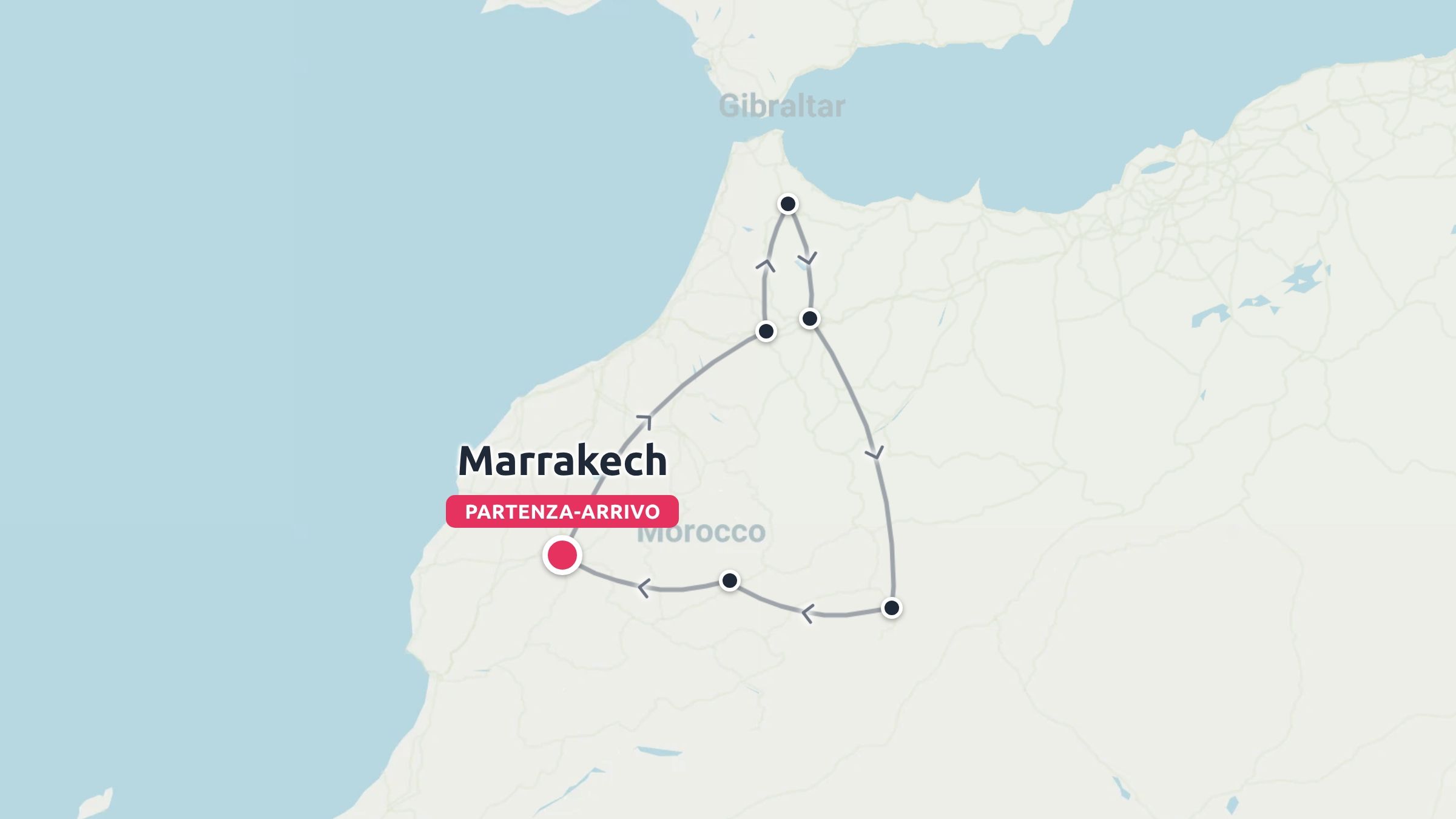 Una mappa dell'itinerario di viaggio in Marocco con un percorso ad anello che inizia e finisce a Marrakech