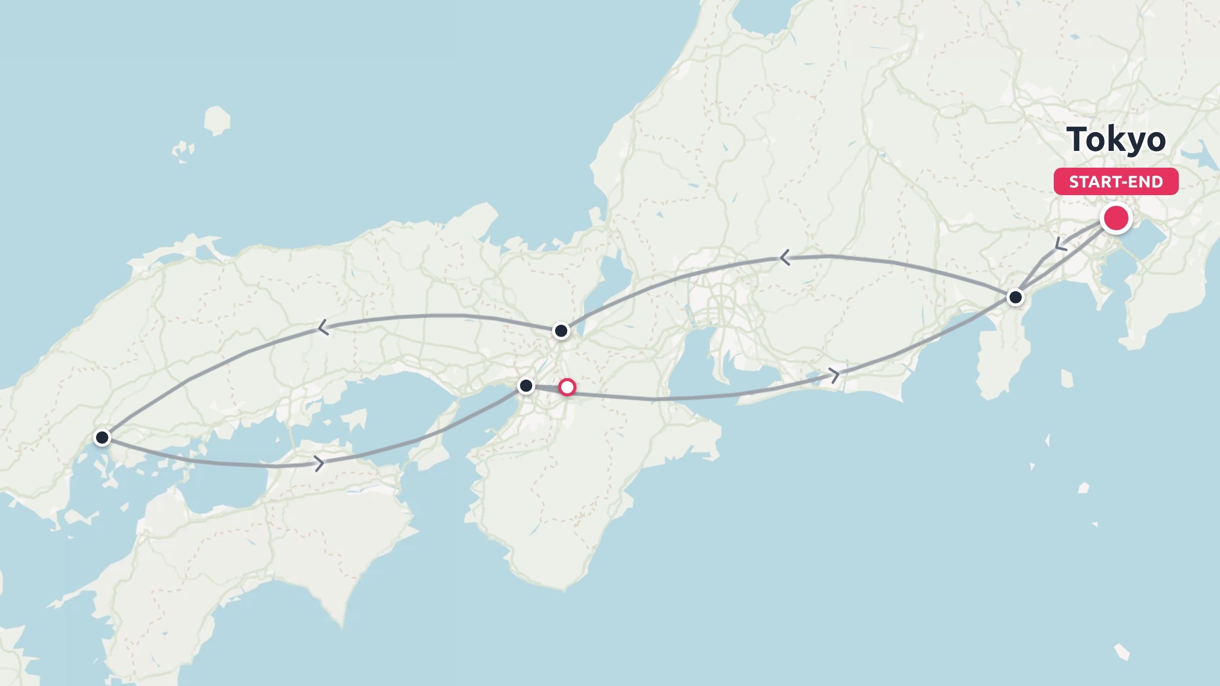 A map of Japan showing a circular travel route with multiple stops starting and ending in Tokyo.
