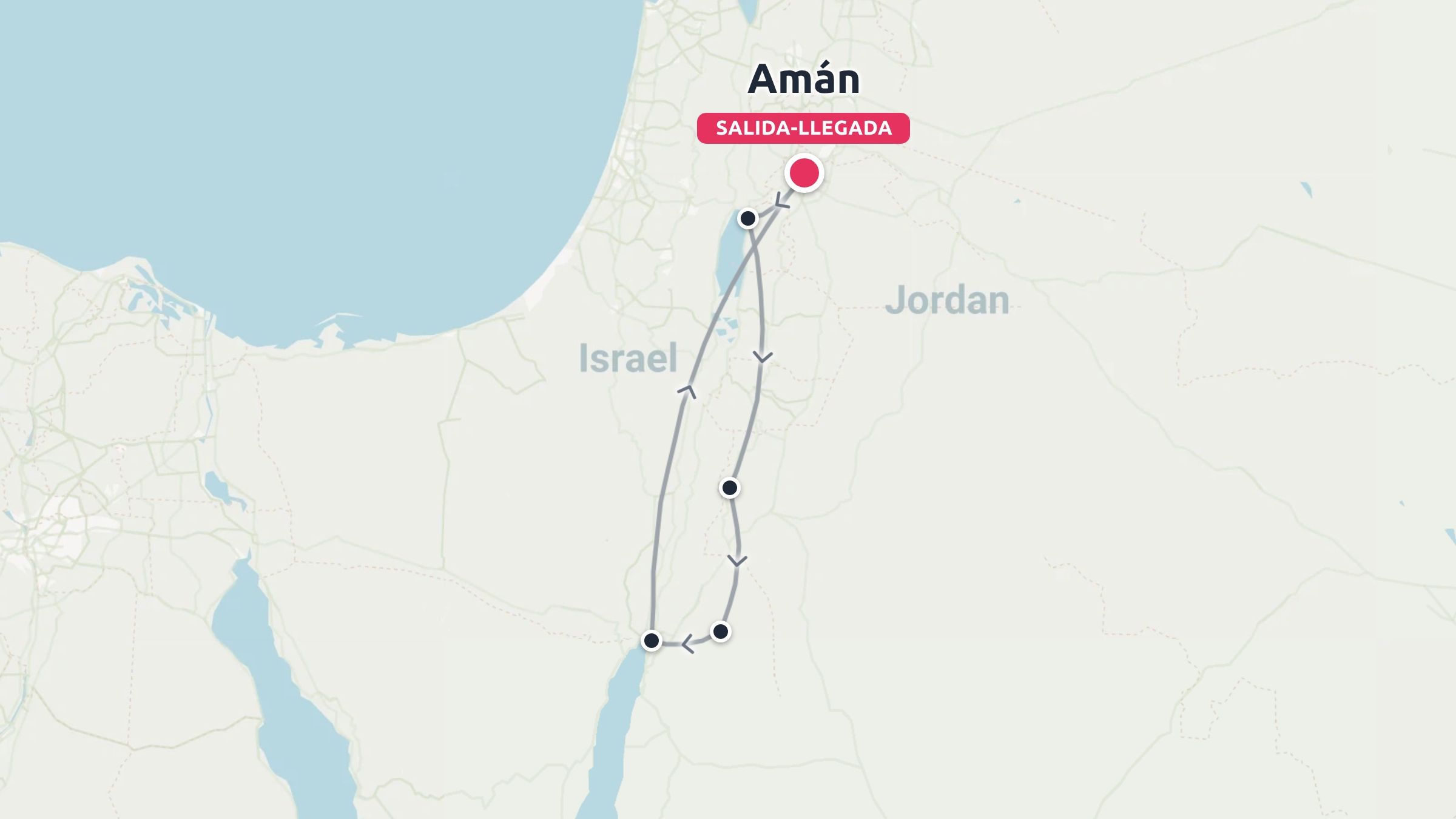 Un mapa de ruta de viaje que muestra un itinerario circular en Jordania que empieza y termina en Amán, cerca de la frontera con Israel.
