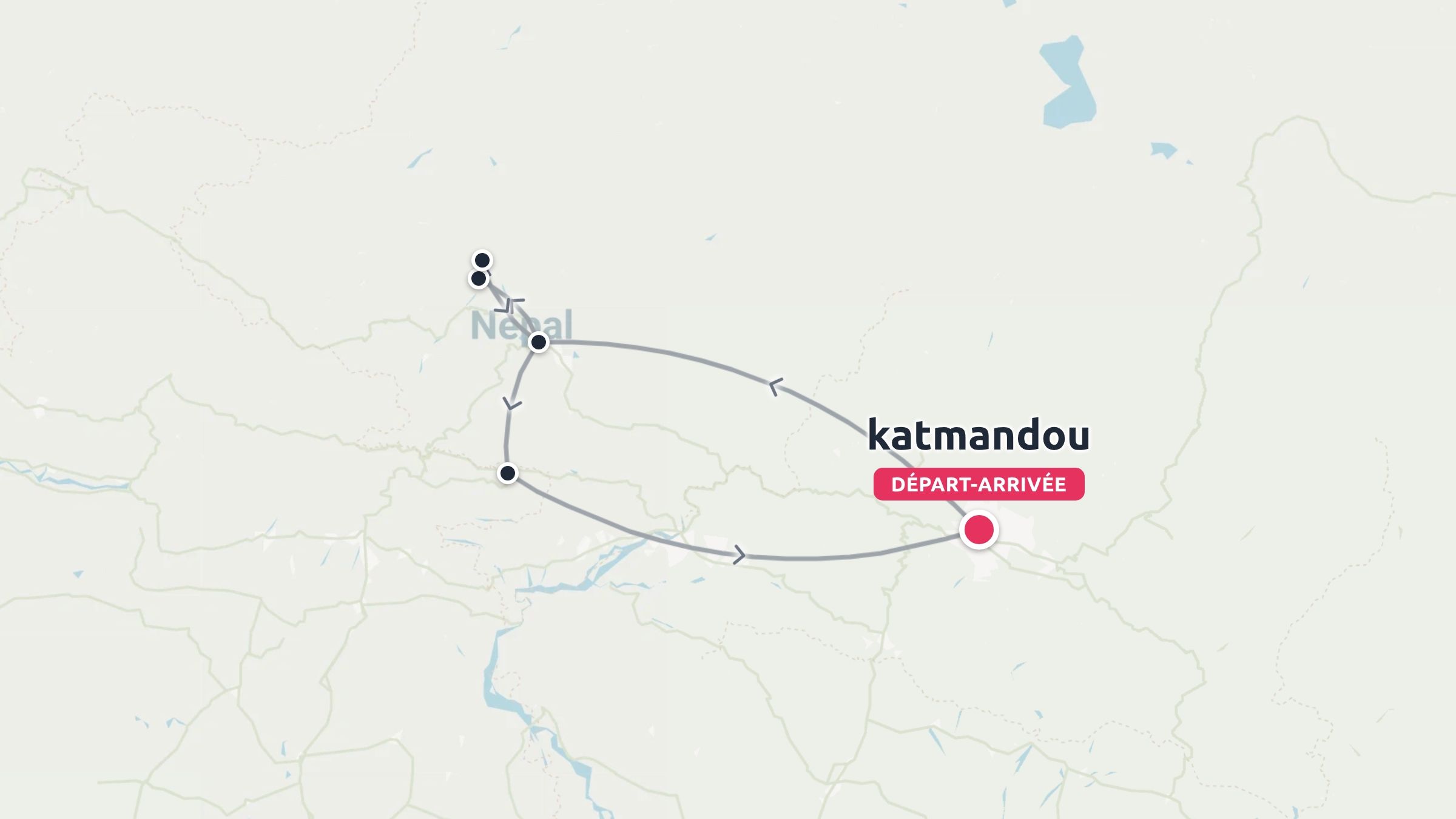 Carte de l'itinéraire de voyage au Népal montrant un parcours circulaire débutant et se terminant à Katmandou.
