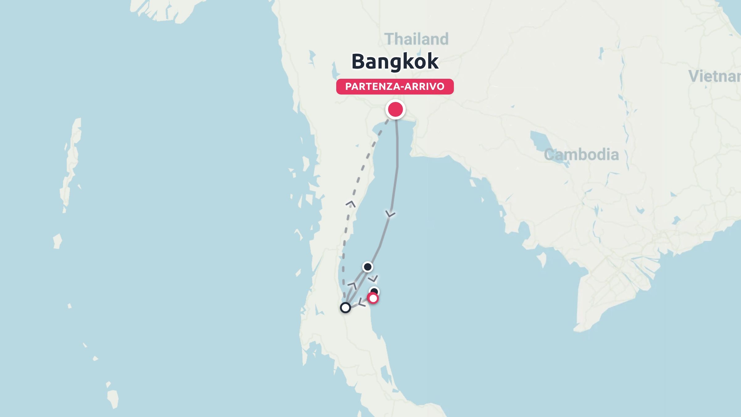 Una mappa dell'itinerario di viaggio in Thailandia con partenza e arrivo a Bangkok e tappe nella Thailandia meridionale.