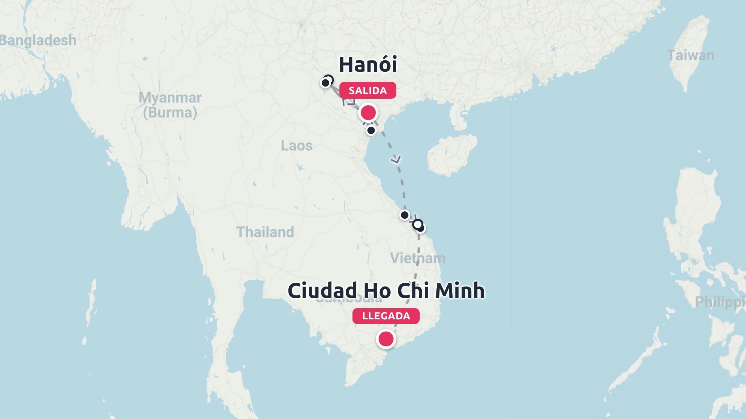 Mapa de la ruta de viaje de Vietnam que muestra un viaje que comienza en Hanói y termina en Ciudad Ho Chi Minh.