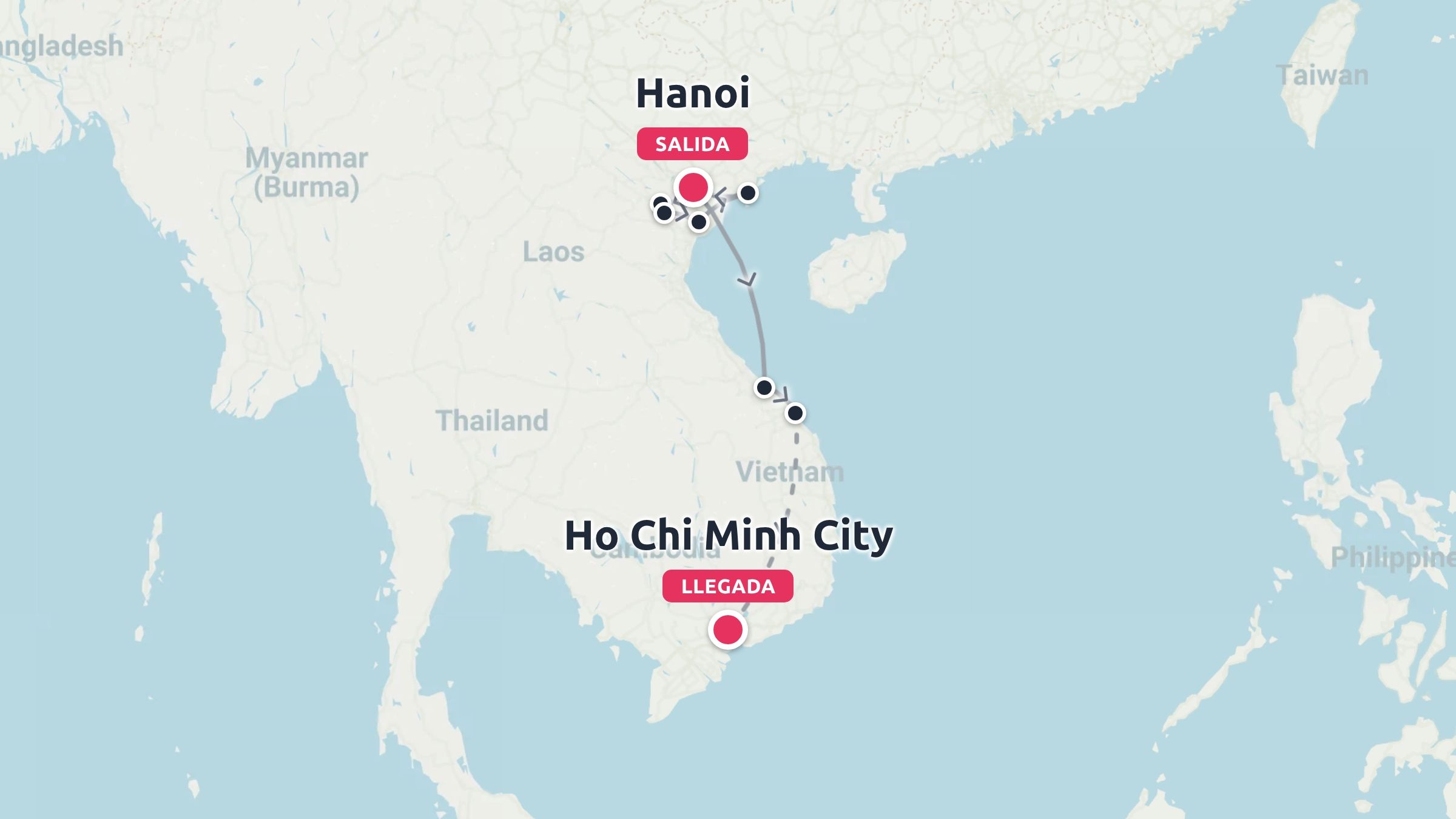 Mapa de la ruta de viaje por Vietnam que muestra un recorrido que comienza en Hanói y termina en Ciudad Ho Chi Minh