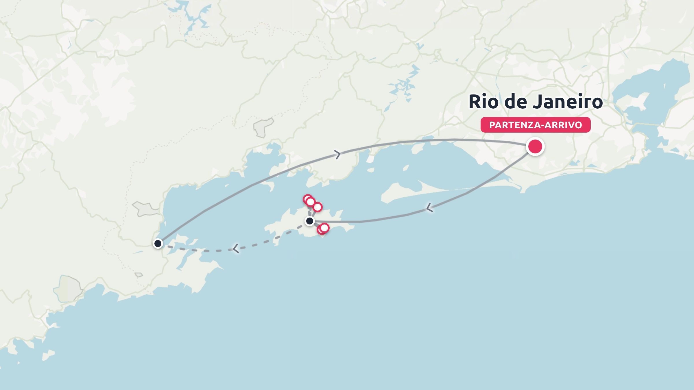 Mappa dell'itinerario di viaggio che mostra un anello costiero con partenza e arrivo a Rio de Janeiro.