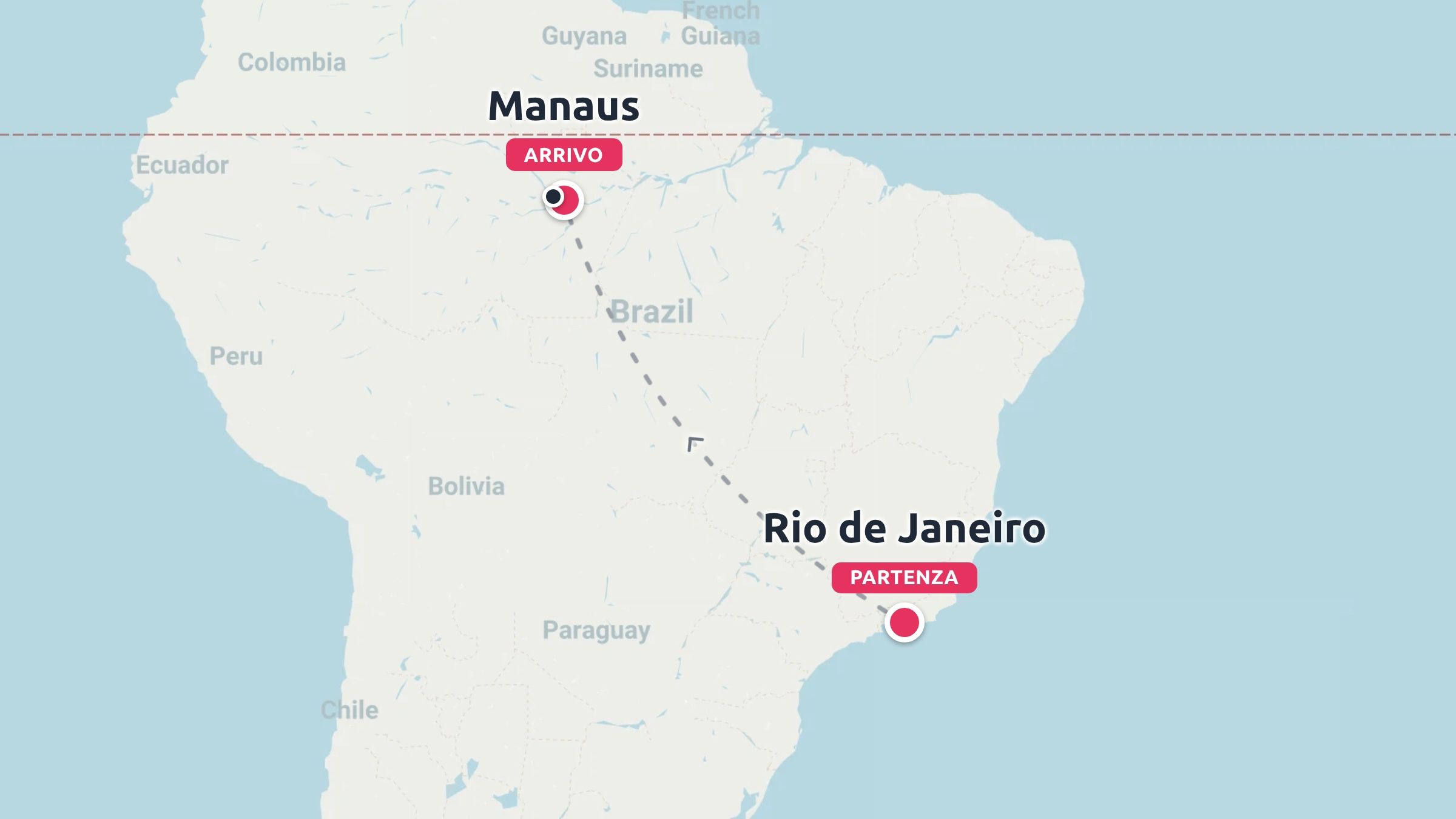 Una mappa del Sud America che mostra un itinerario di viaggio che collega Rio de Janeiro a Manaus in Brasile.
