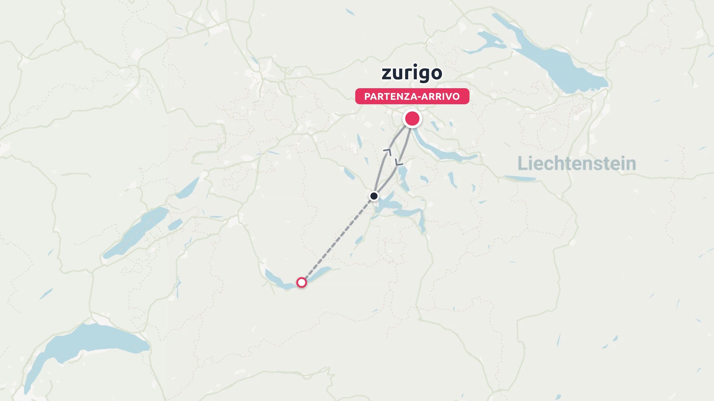 Un itinerario di viaggio con partenza e arrivo a Zurigo, vicino al Liechtenstein, con linee di percorso e punti di destinazione contrassegnati