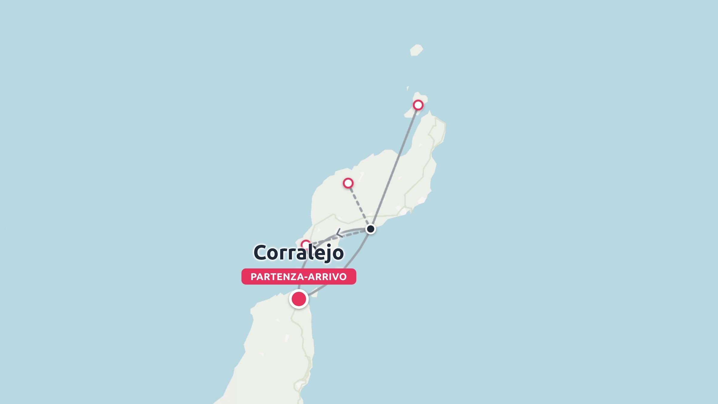 Mappa dell'itinerario di viaggio che mostra i punti di passaggio attraverso un'isola con Corralejo contrassegnata come partenza e arrivo