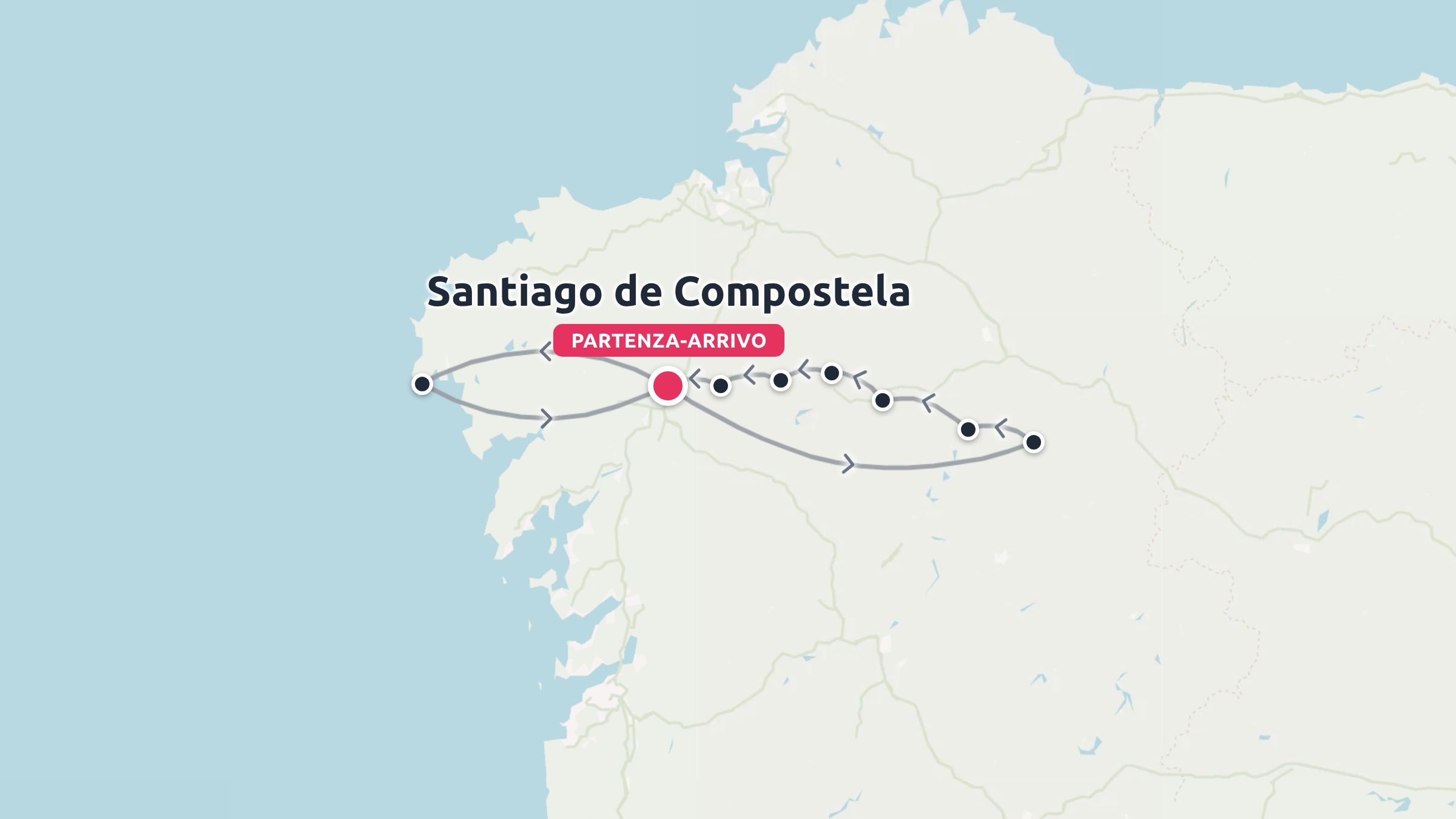 Mappa dell'itinerario di viaggio con percorso con inizio e fine a Santiago de Compostela