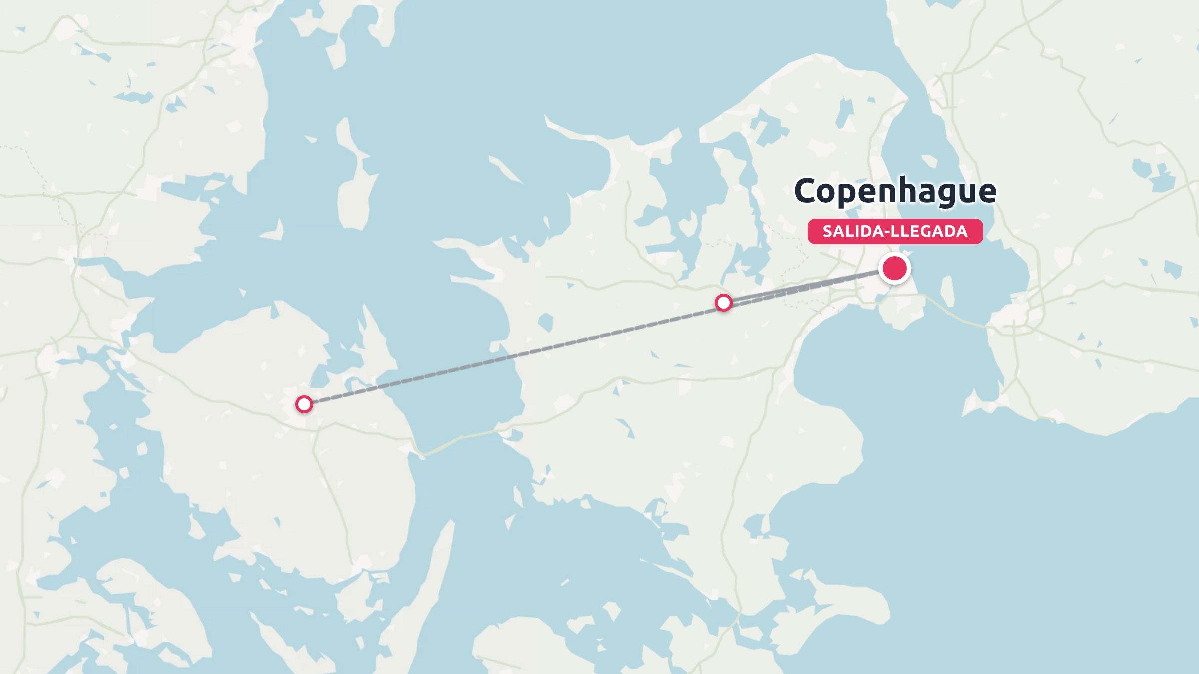 Un mapa de Dinamarca que ilustra una ruta de viaje que conecta múltiples paradas con Copenhague como salida y llegada.