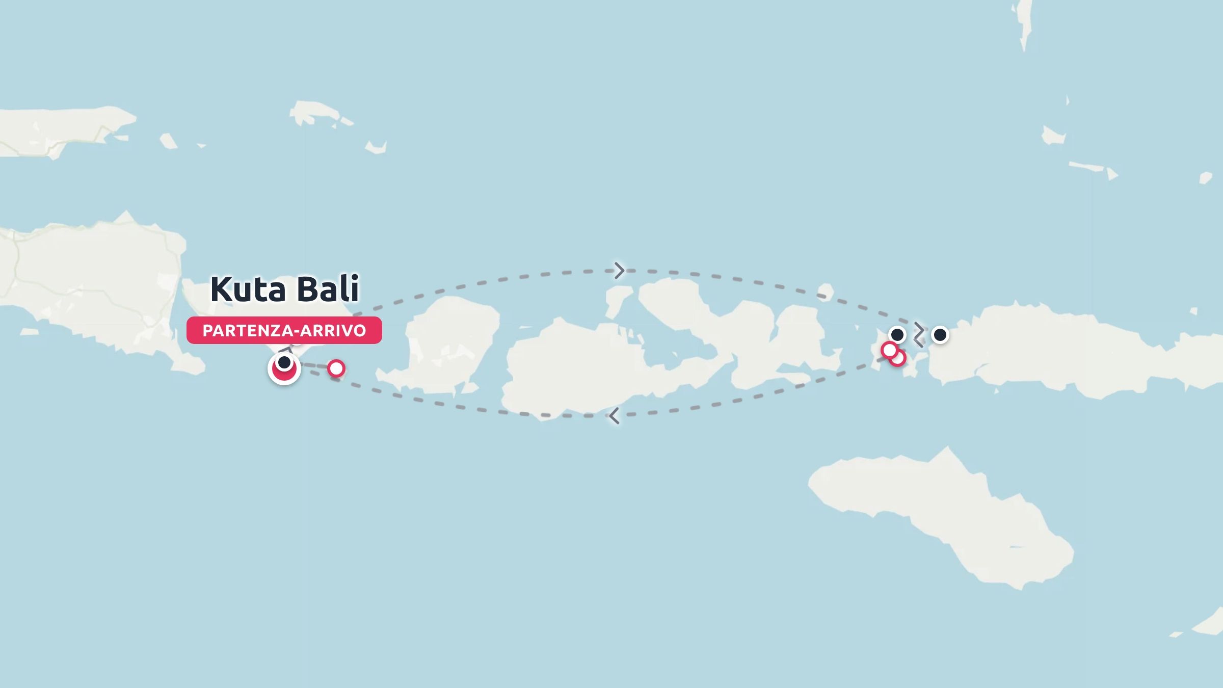 Una mappa dell'itinerario di viaggio che illustra un percorso ad anello con partenza e arrivo a Kuta Bali attraverso le isole indonesiane