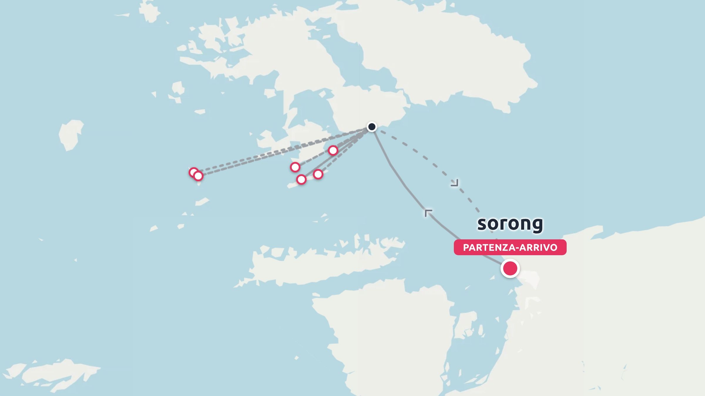 Mappa dell'itinerario di viaggio che mostra le linee del percorso che collegano vari punti delle isole costiere con partenza e arrivo a Sorong.