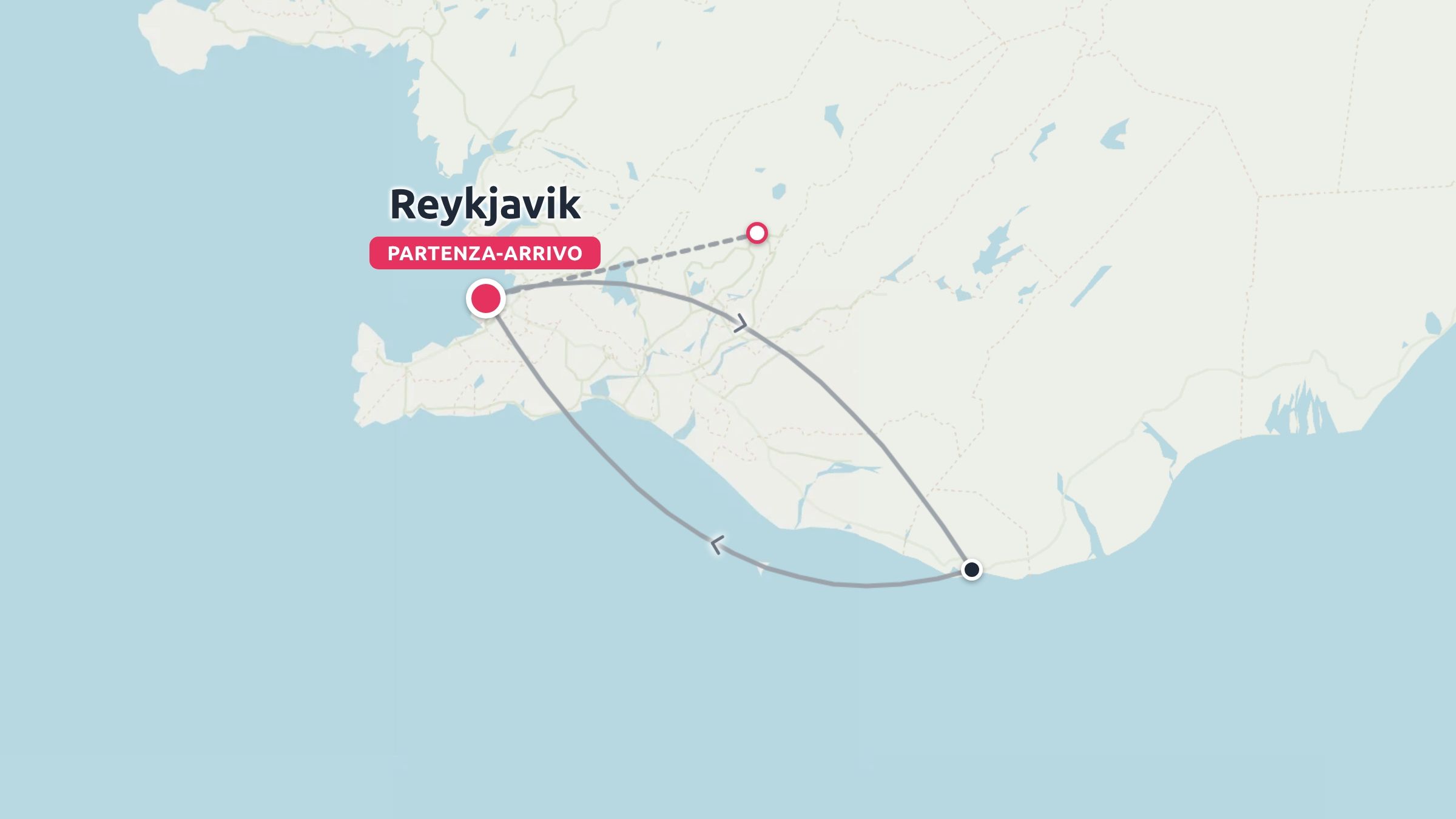 Una mappa del percorso di viaggio che mostra un itinerario circolare con partenza e arrivo a Reykjavik.