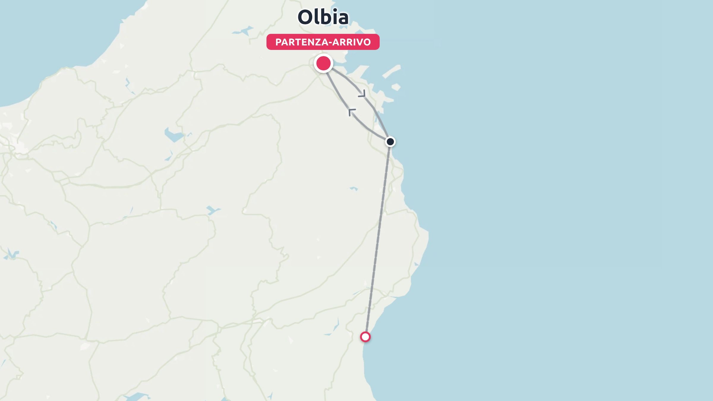 Mappa dell'itinerario di viaggio lungo la costa con partenza e arrivo a Olbia e fermate segnalate