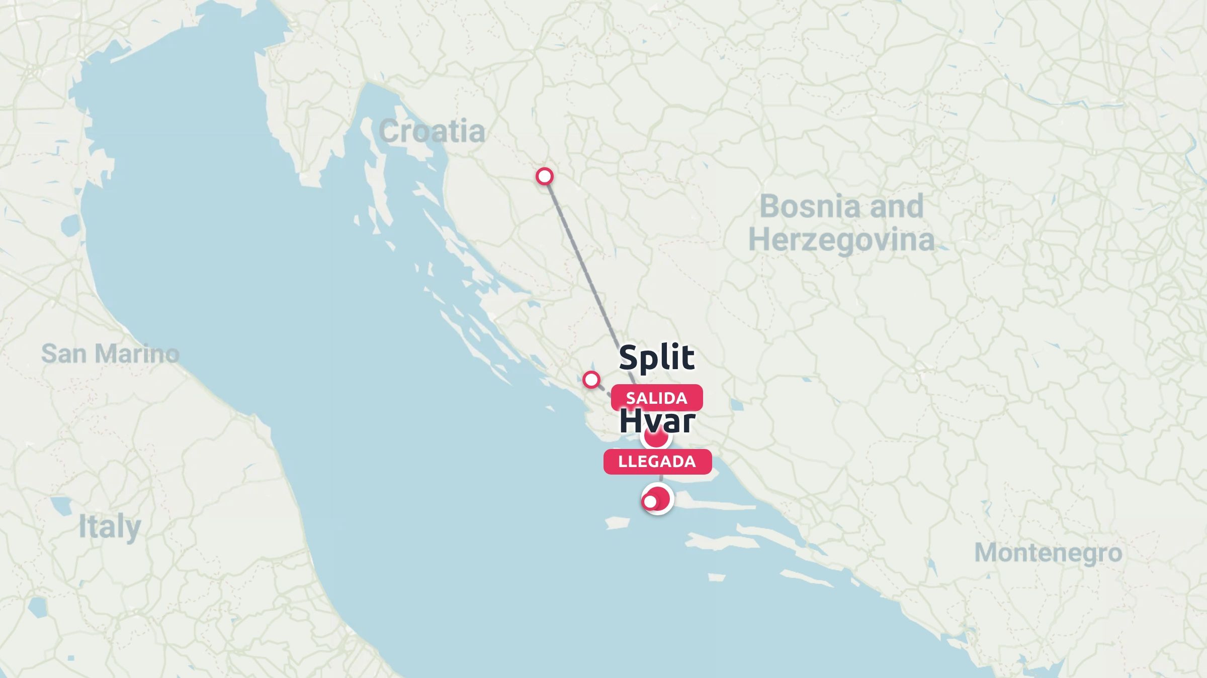 Un mapa de ruta de viaje por Croacia que muestra un itinerario que sale de Split y llega a Hvar