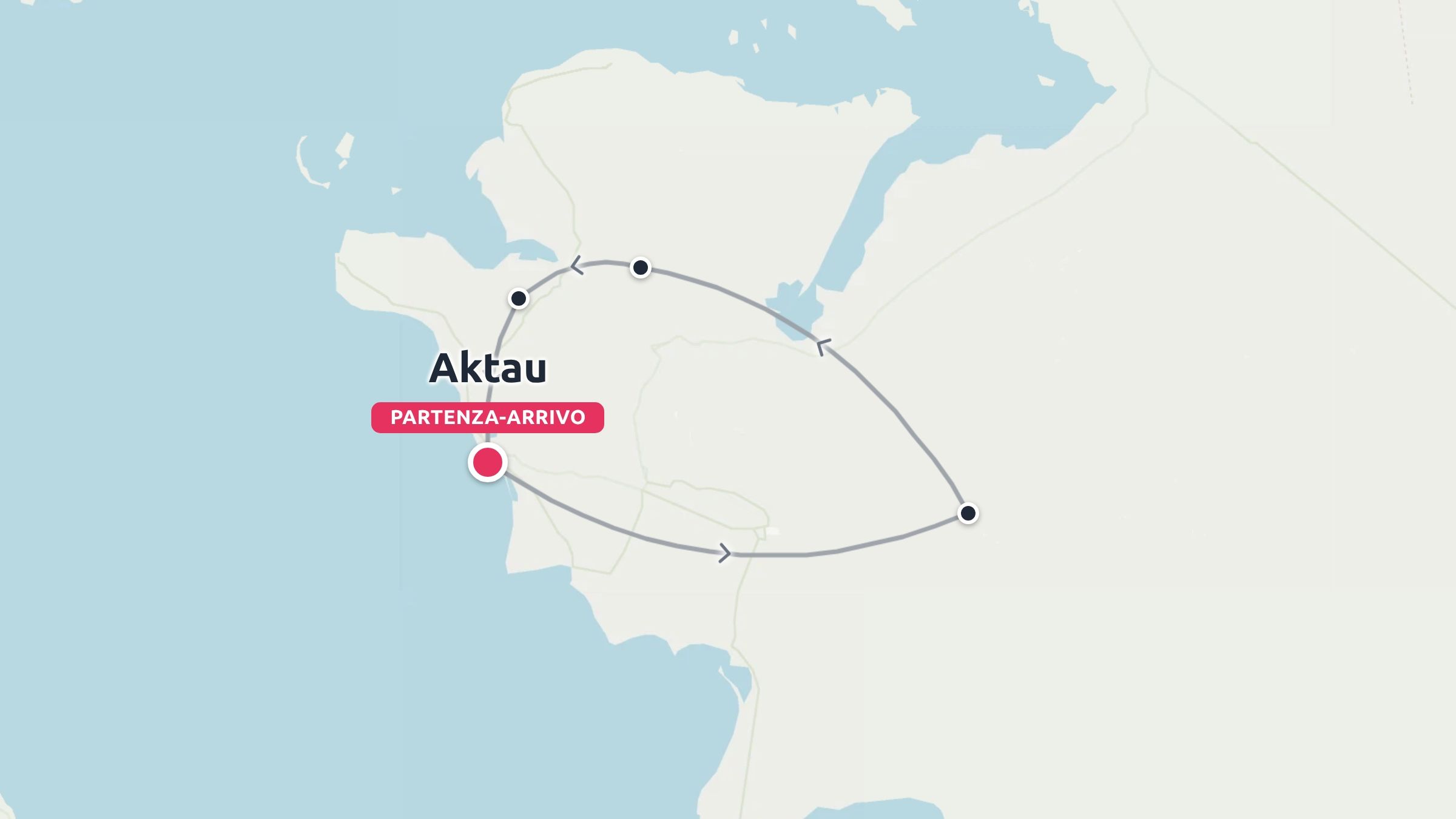 Una mappa di viaggio che mostra un itinerario circolare con partenza e arrivo ad Aktau e diverse tappe.