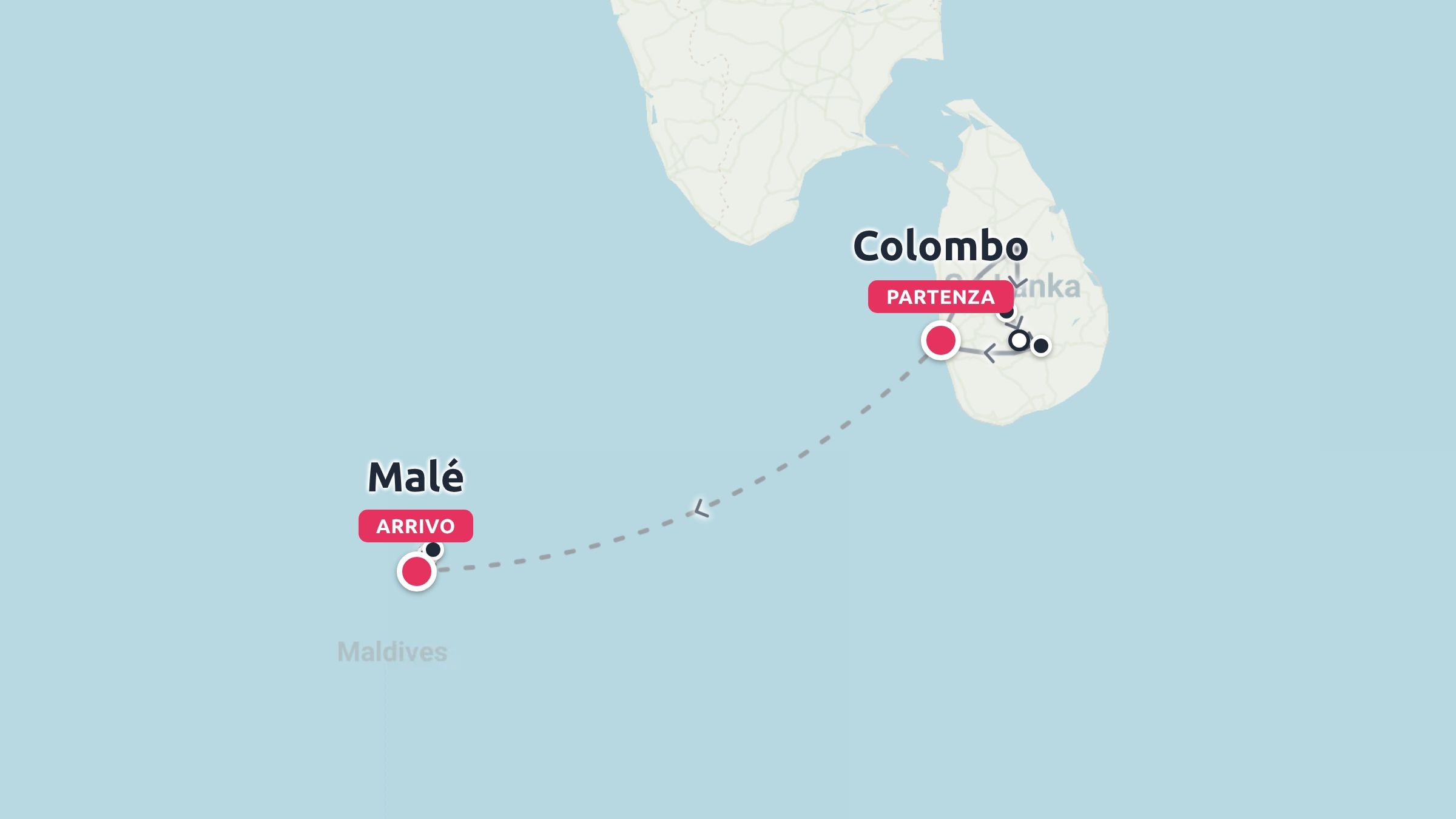 Una mappa dell'itinerario di viaggio che mostra un percorso che inizia a Colombo, in Sri Lanka, e termina a Malé, alle Maldive.