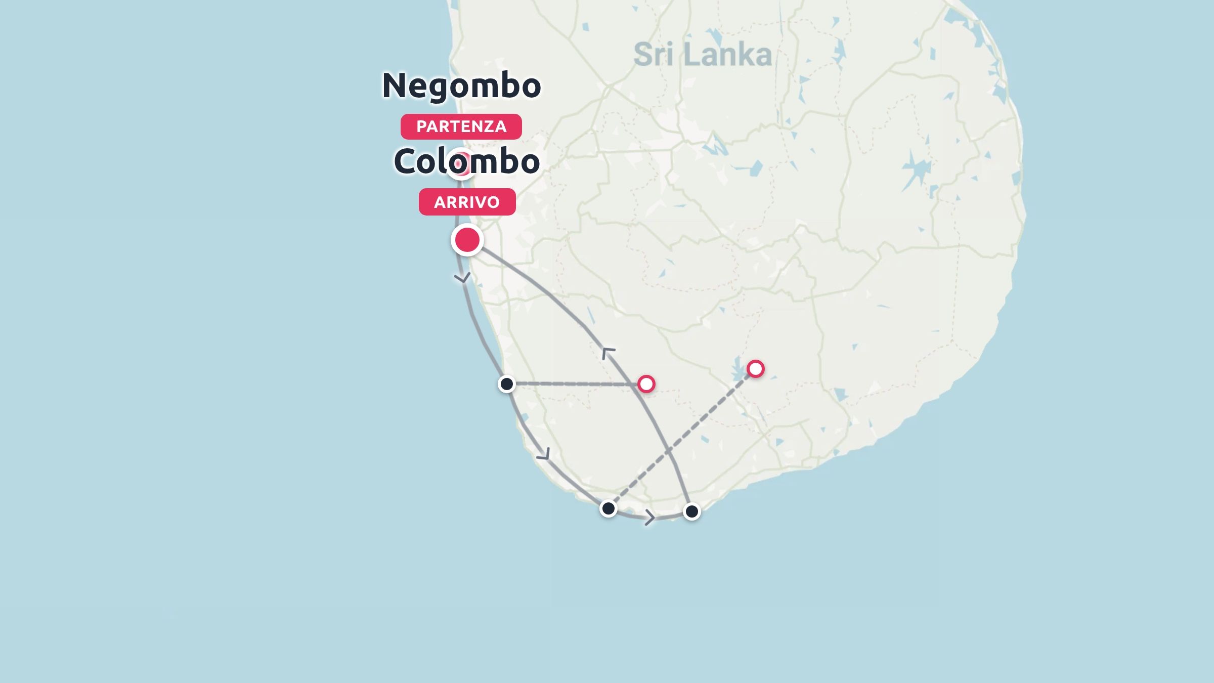 Mappa dell'itinerario di viaggio nello Sri Lanka meridionale che indica un percorso con partenza da Negombo e arrivo a Colombo