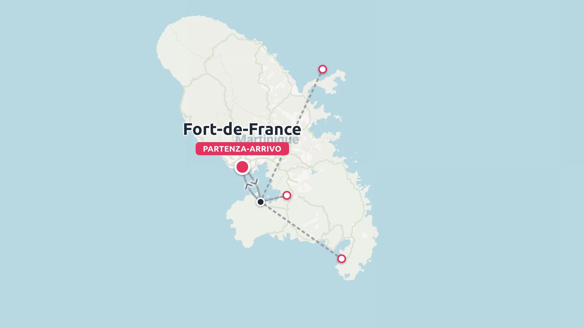 Una mappa dell'itinerario di viaggio della Martinica che mostra un percorso che inizia e finisce a Fort-de-France.