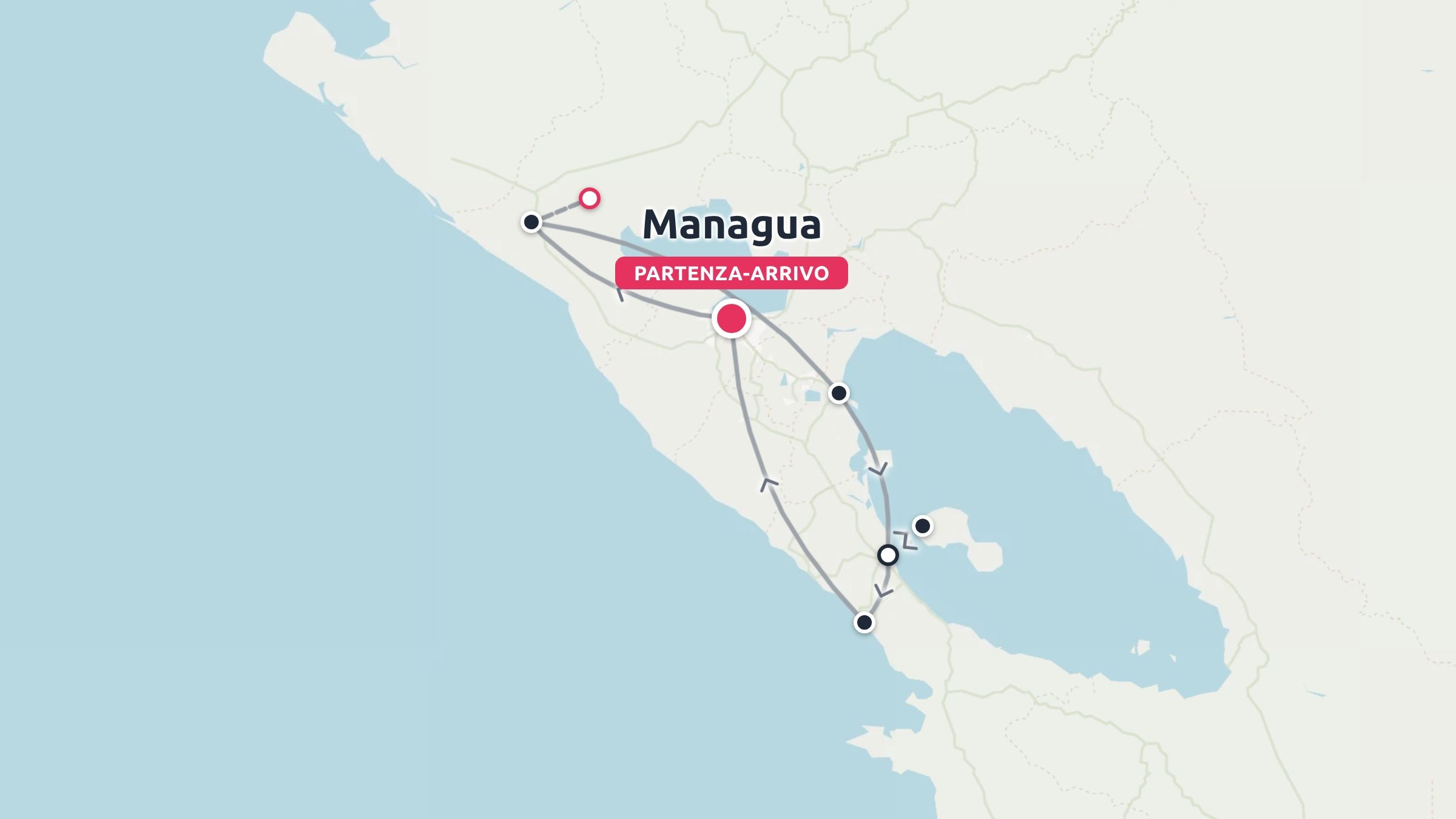 Un itinerario di viaggio in Nicaragua con partenza e arrivo a Managua e diverse tappe segnalate