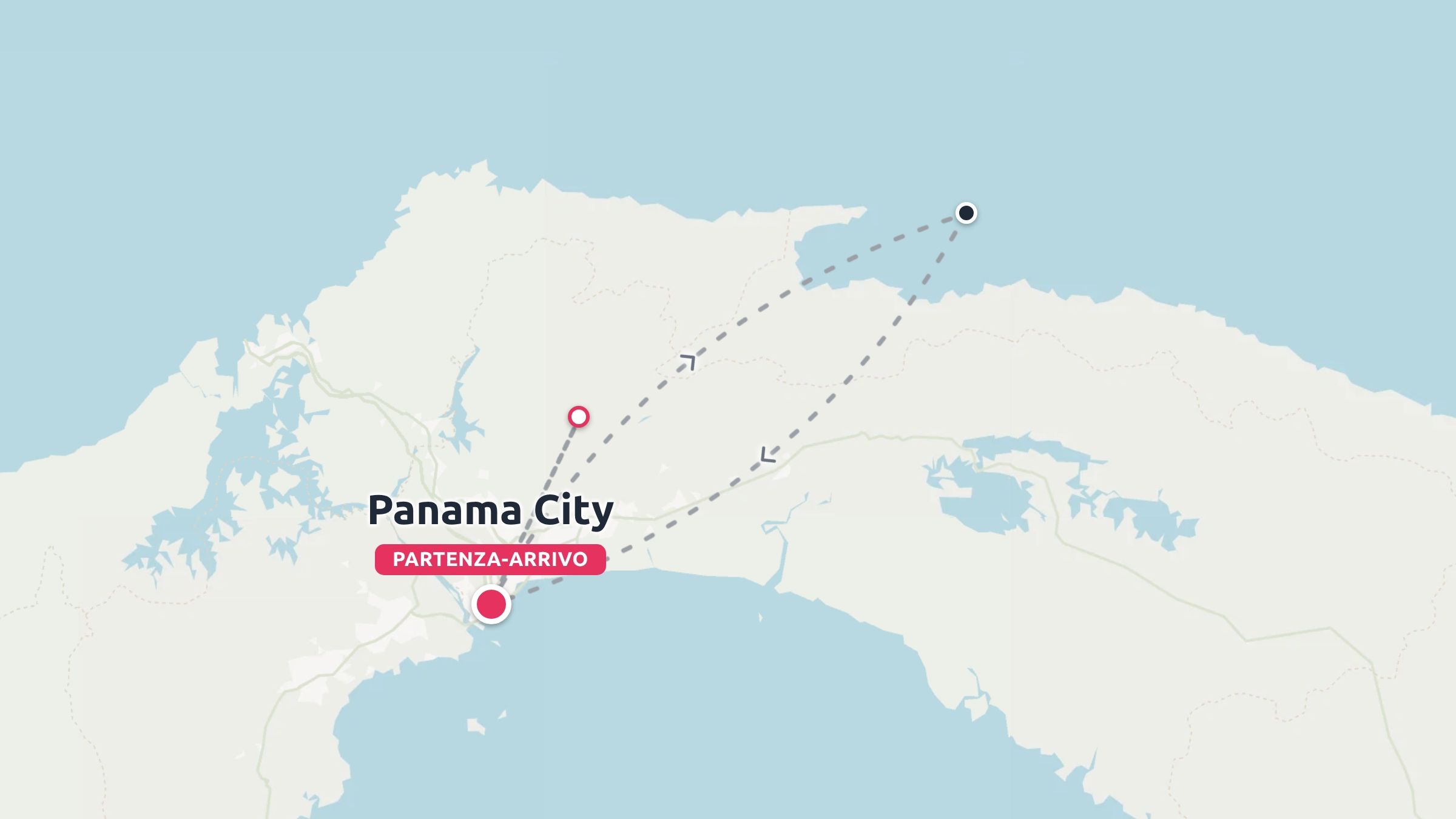 Mappa di viaggio che mostra un itinerario con linee tratteggiate con partenza e arrivo a Panama City.