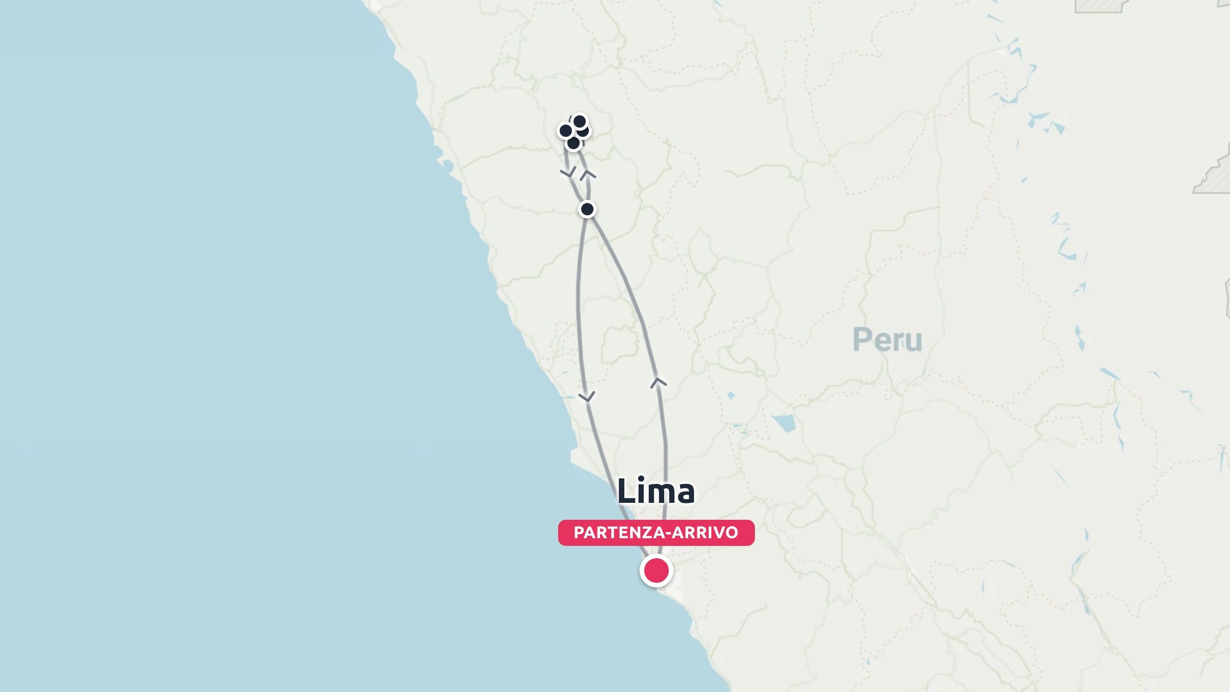Una mappa dell'itinerario di viaggio in Perù che mostra un percorso che inizia e finisce a Lima con diverse tappe situate più a nord.