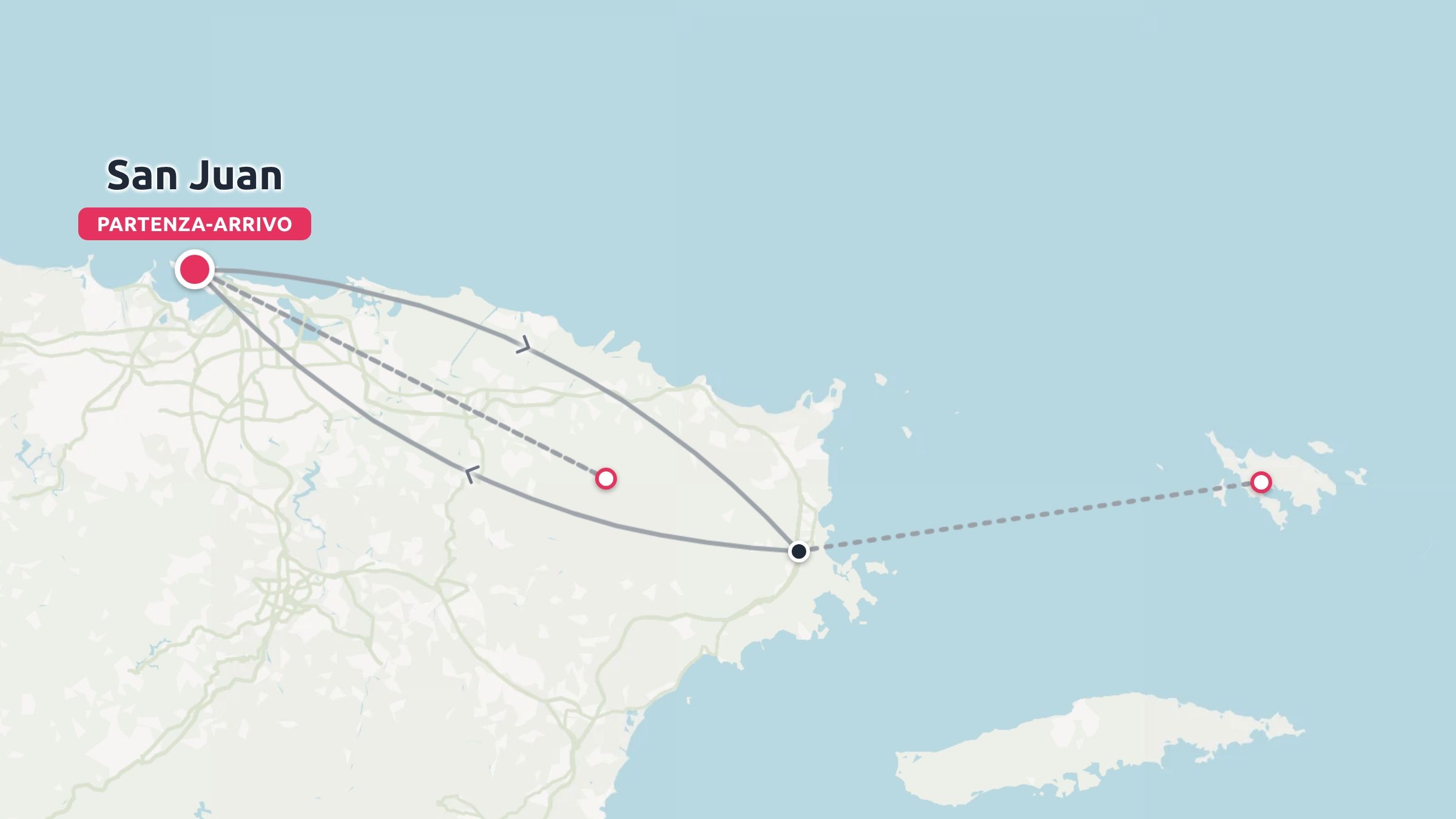 Mappa dell'itinerario di viaggio con partenza e arrivo a San Juan attraverso la parte orientale di Porto Rico e le isole vicine