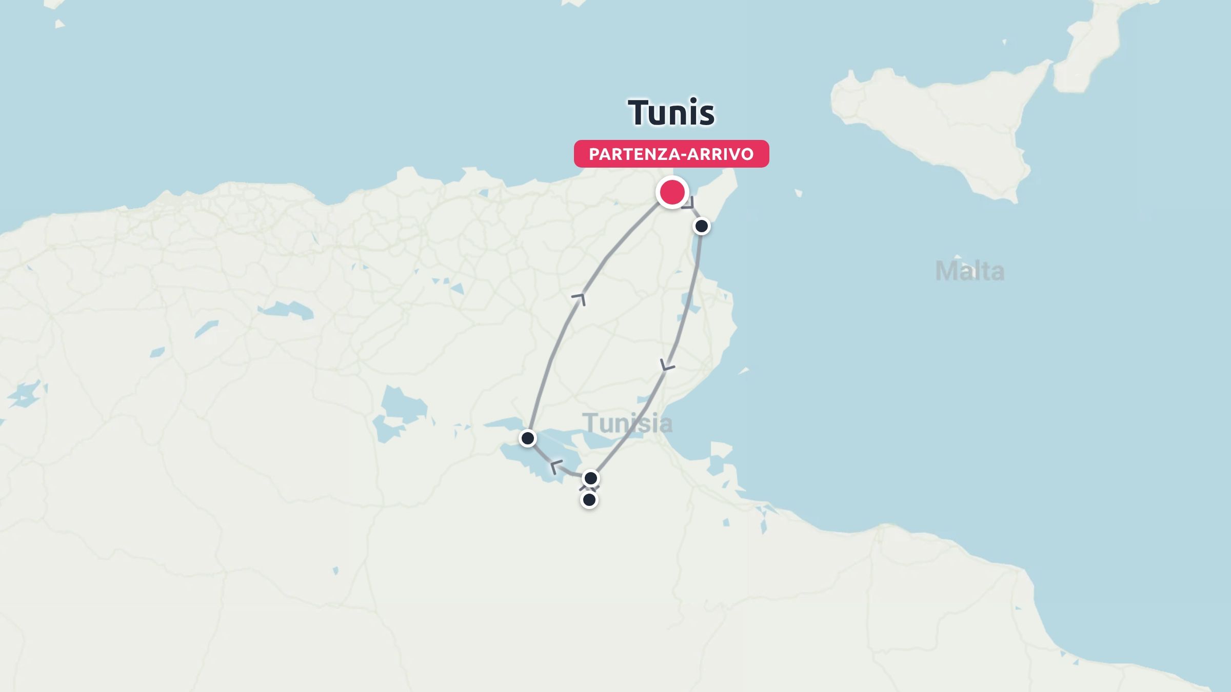 Una mappa dell'itinerario di viaggio in Tunisia che mostra un percorso ad anello con partenza e arrivo a Tunisi.