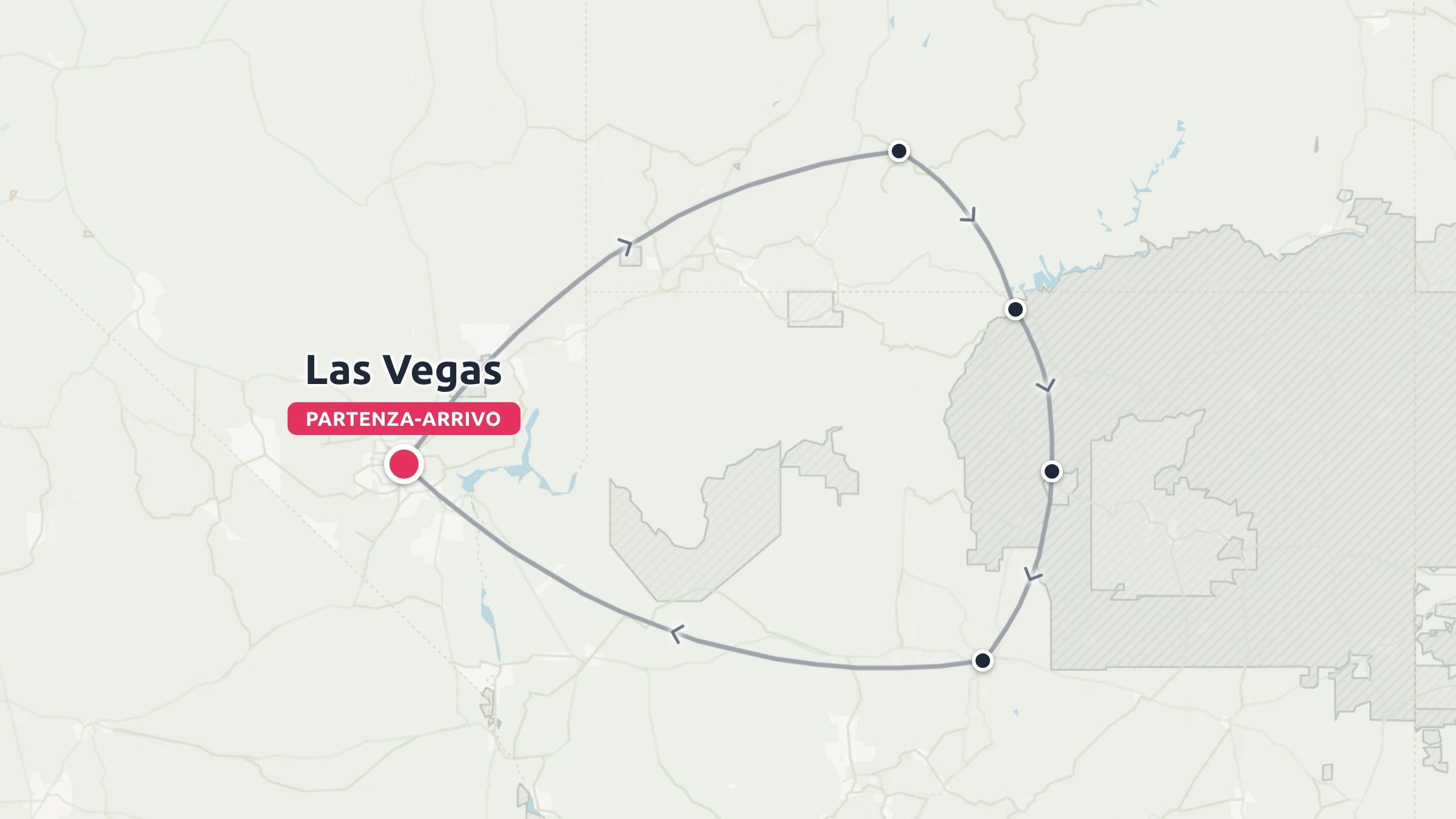 Una mappa dell'itinerario di viaggio che mostra un percorso circolare con partenza e arrivo a Las Vegas