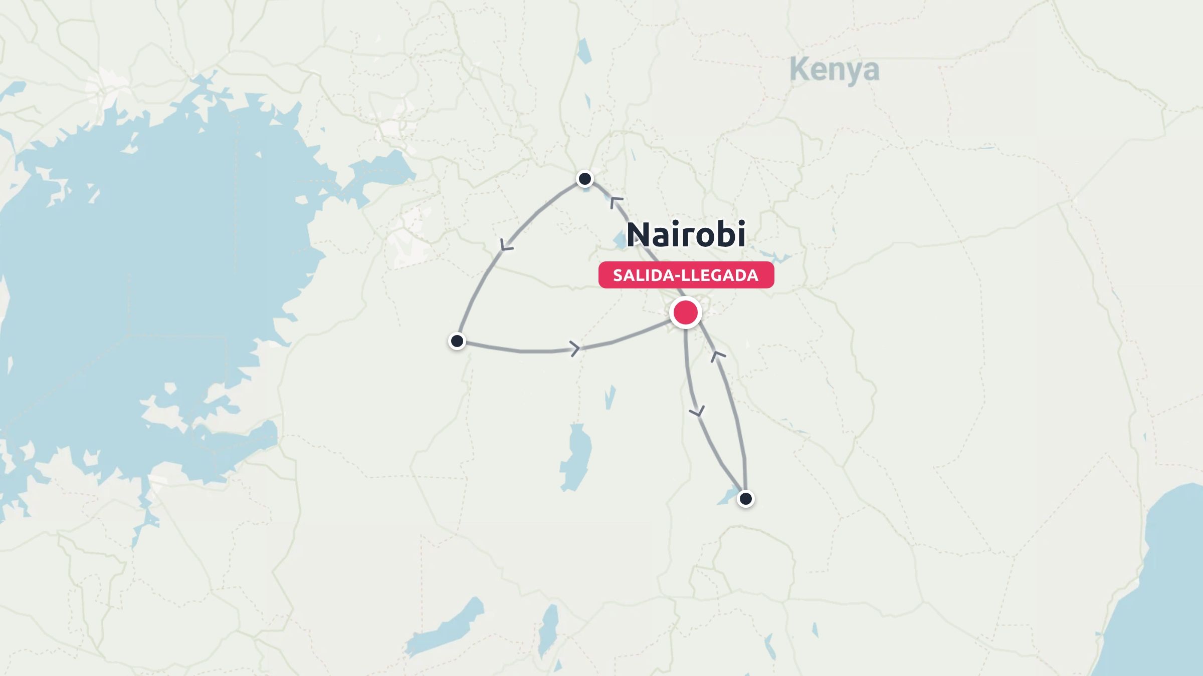 Un mapa de ruta de viaje por Kenia que muestra un itinerario con inicio y fin en Nairobi.
