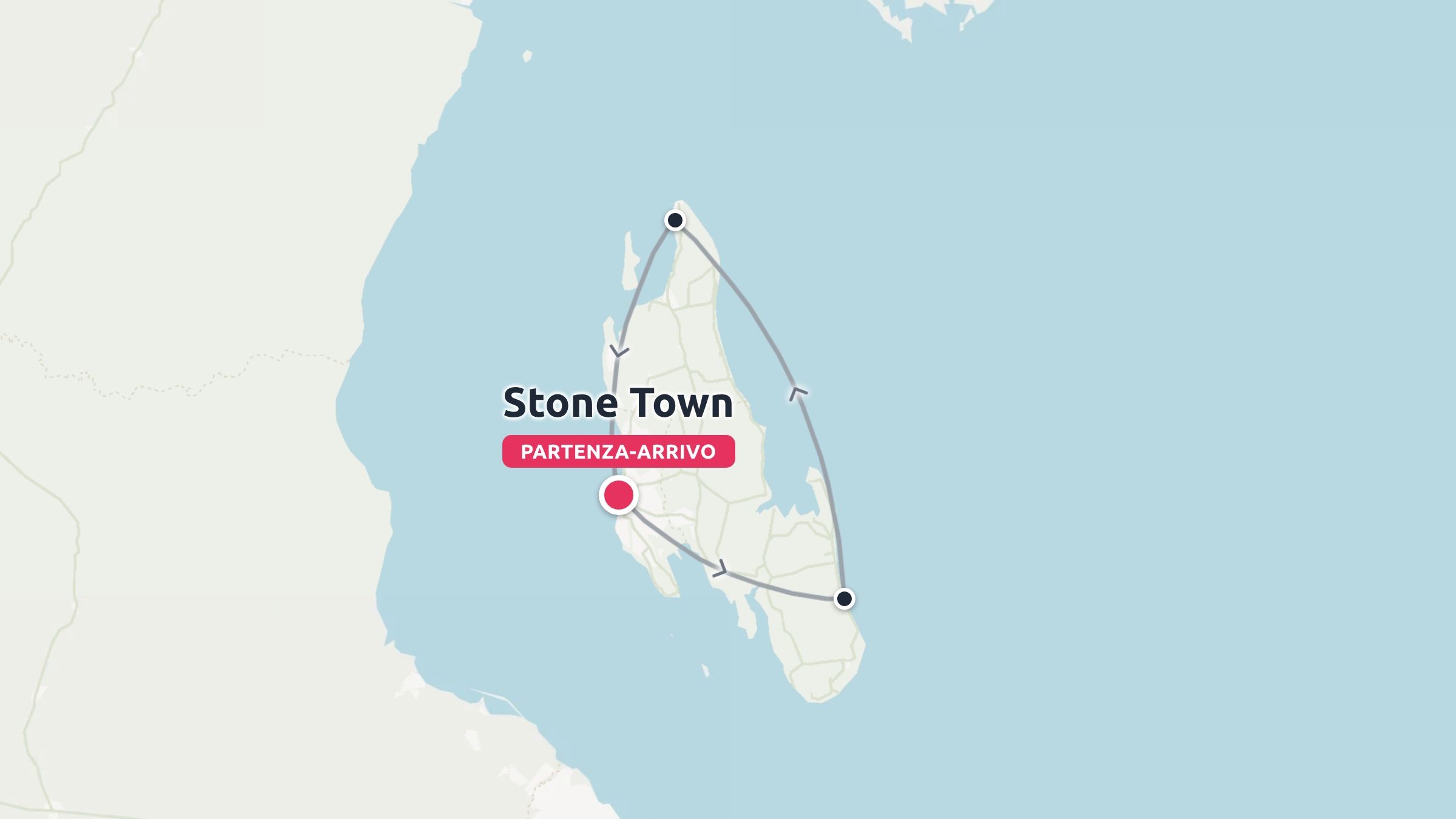 Una mappa che illustra un itinerario di viaggio circolare intorno a un'isola, con partenza e arrivo a Stone Town.