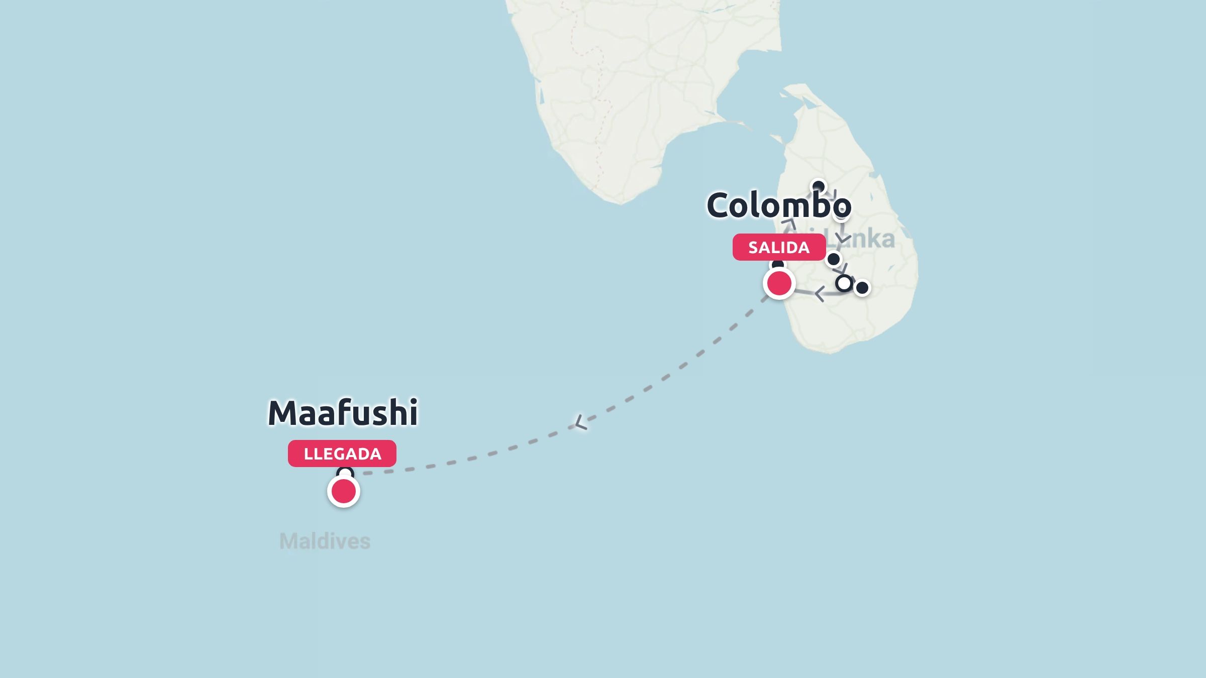 Un mapa de ruta de viaje que ilustra un viaje que comienza en Colombo, Sri Lanka y llega a Maafushi, Maldivas.