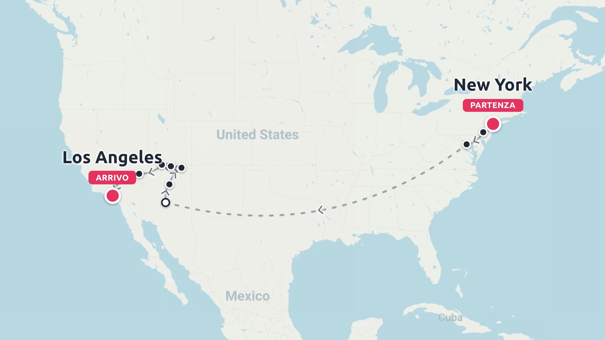 Mappa degli Stati Uniti che mostra un itinerario di viaggio con partenza da New York e arrivo a Los Angeles