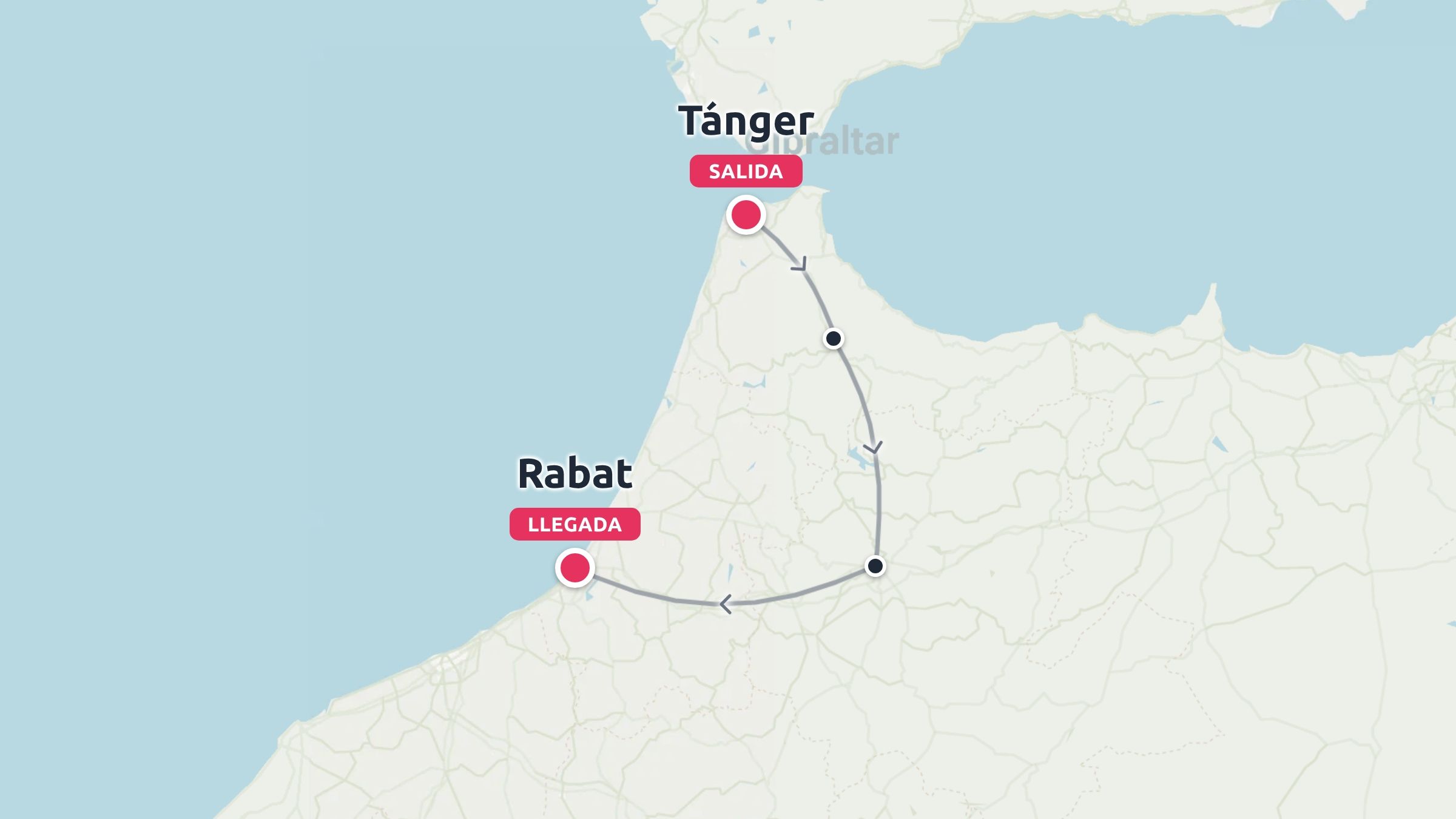 Mapa de ruta de viaje que muestra un trayecto que comienza en Tánger y termina en Rabat, Marruecos.