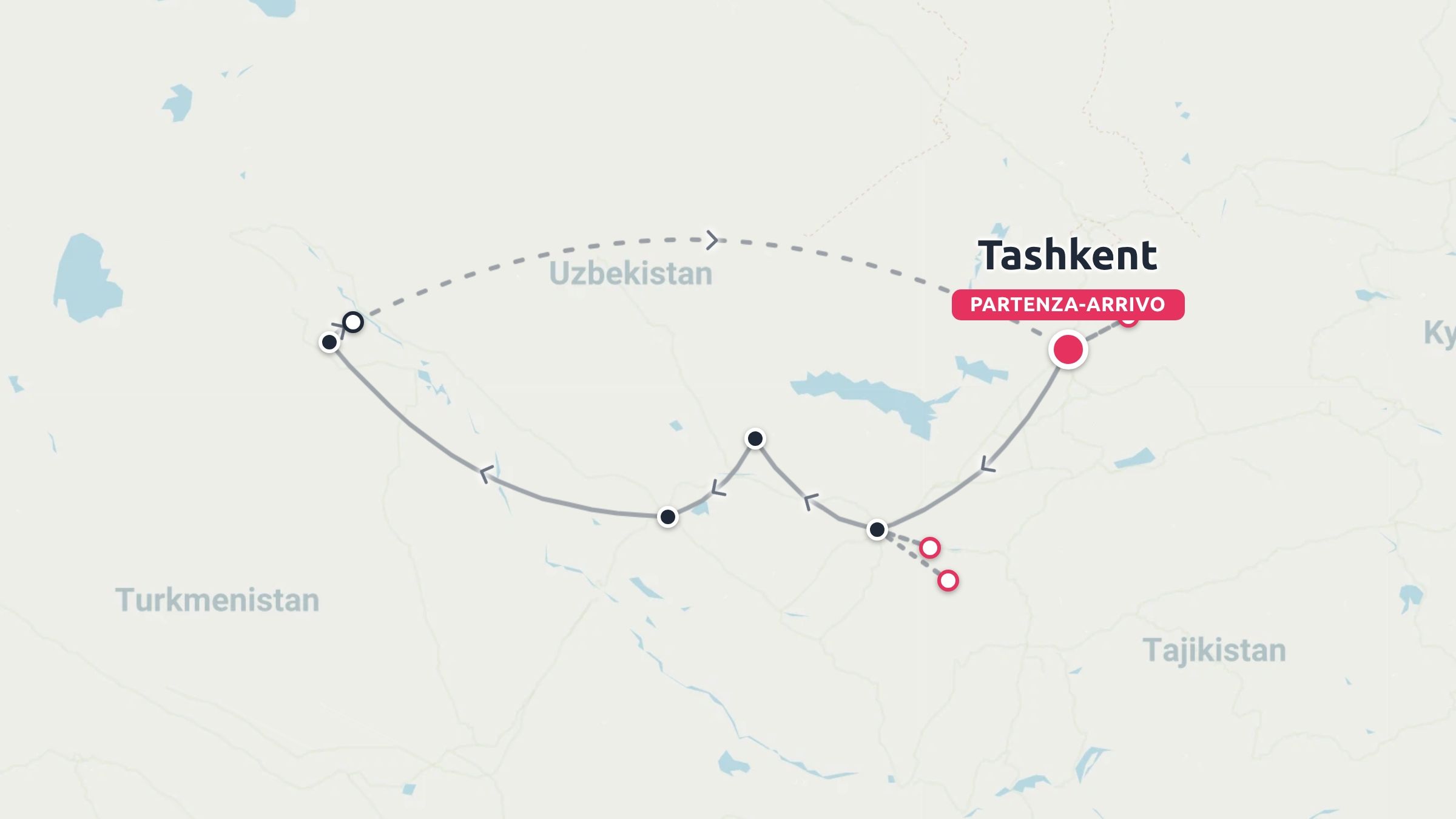 Un itinerario di viaggio attraverso l'Uzbekistan con un percorso ad anello con partenza e arrivo a Tashkent