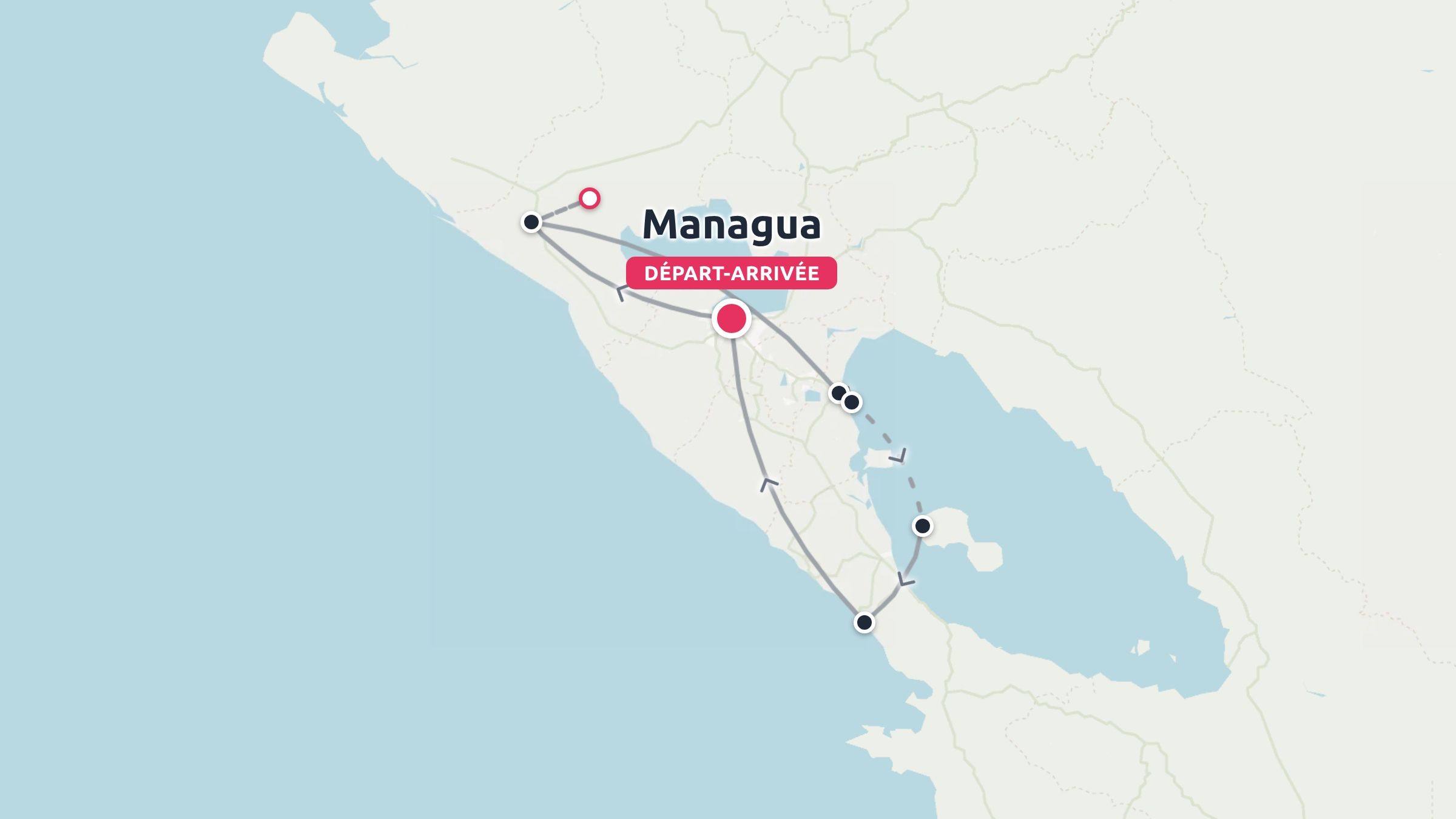 Une carte d'itinéraire de voyage affichant un parcours circulaire commençant et se terminant à Managua.