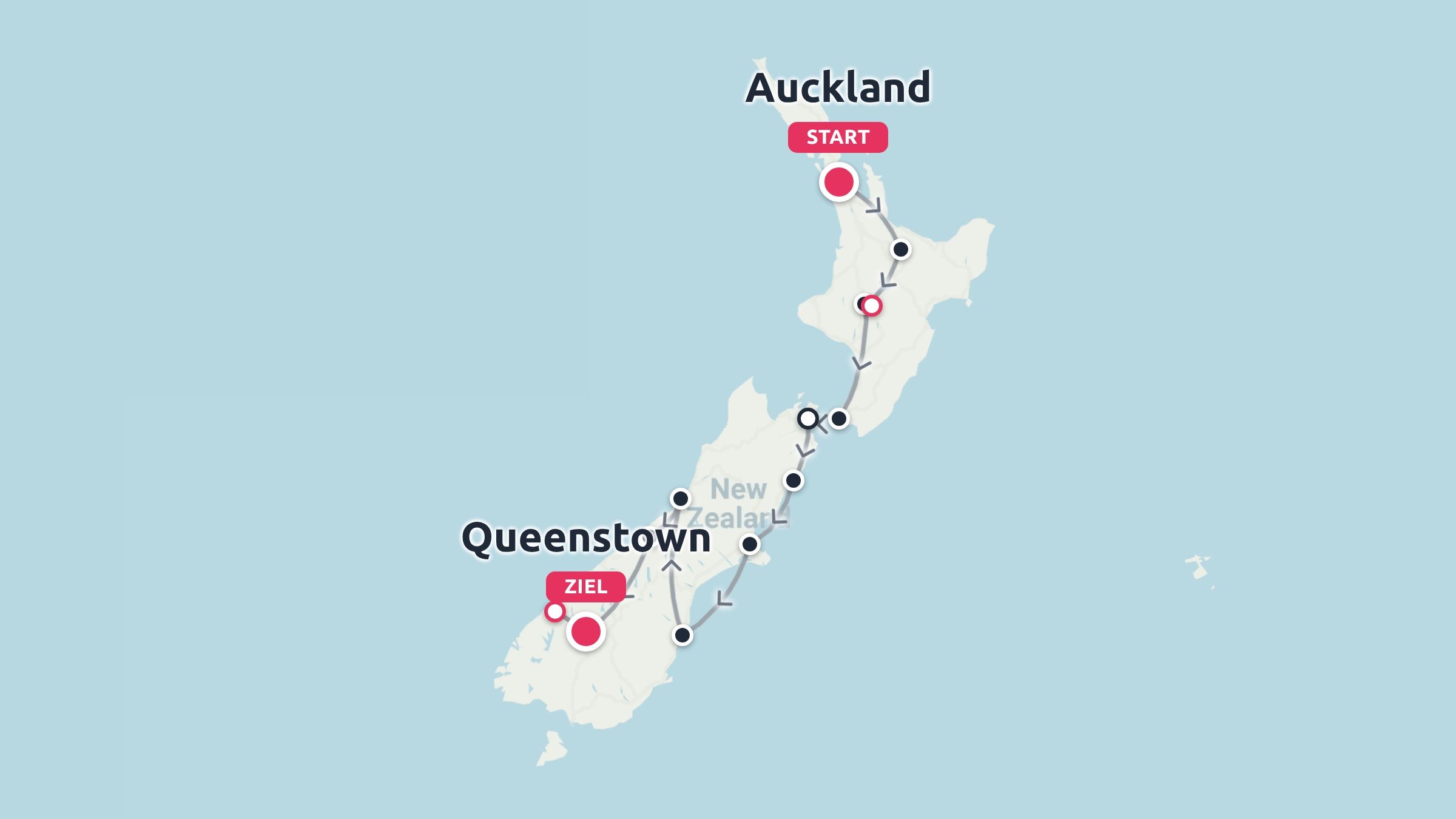 Reiseroute von Neuseeland mit Start in Auckland und Ziel in Queenstown.