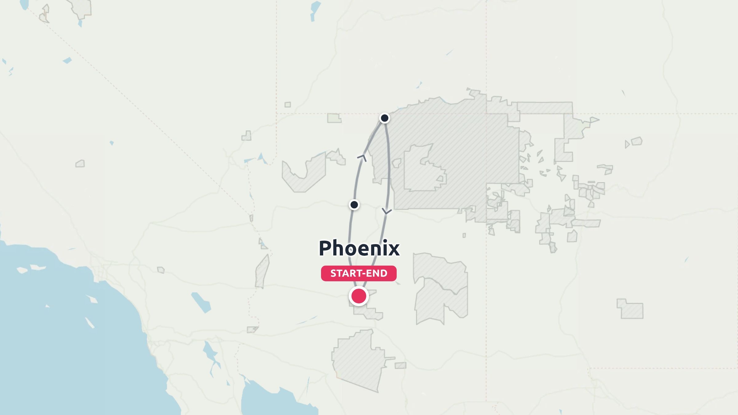 A travel route map showing a round-trip itinerary starting and ending in Phoenix.