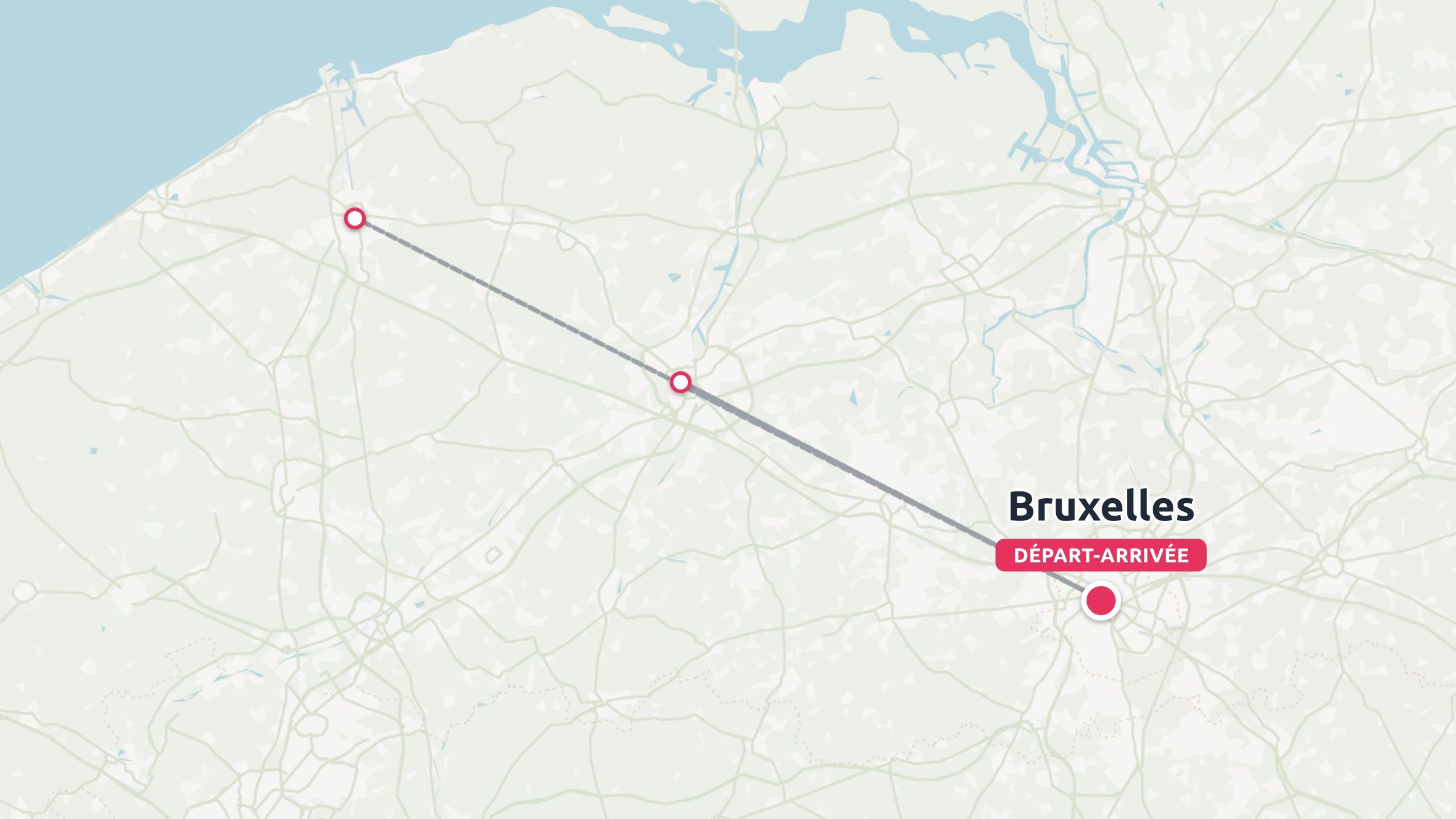 Un itinéraire de voyage montrant une ligne reliant des étapes à travers la Belgique jusqu'à Bruxelles