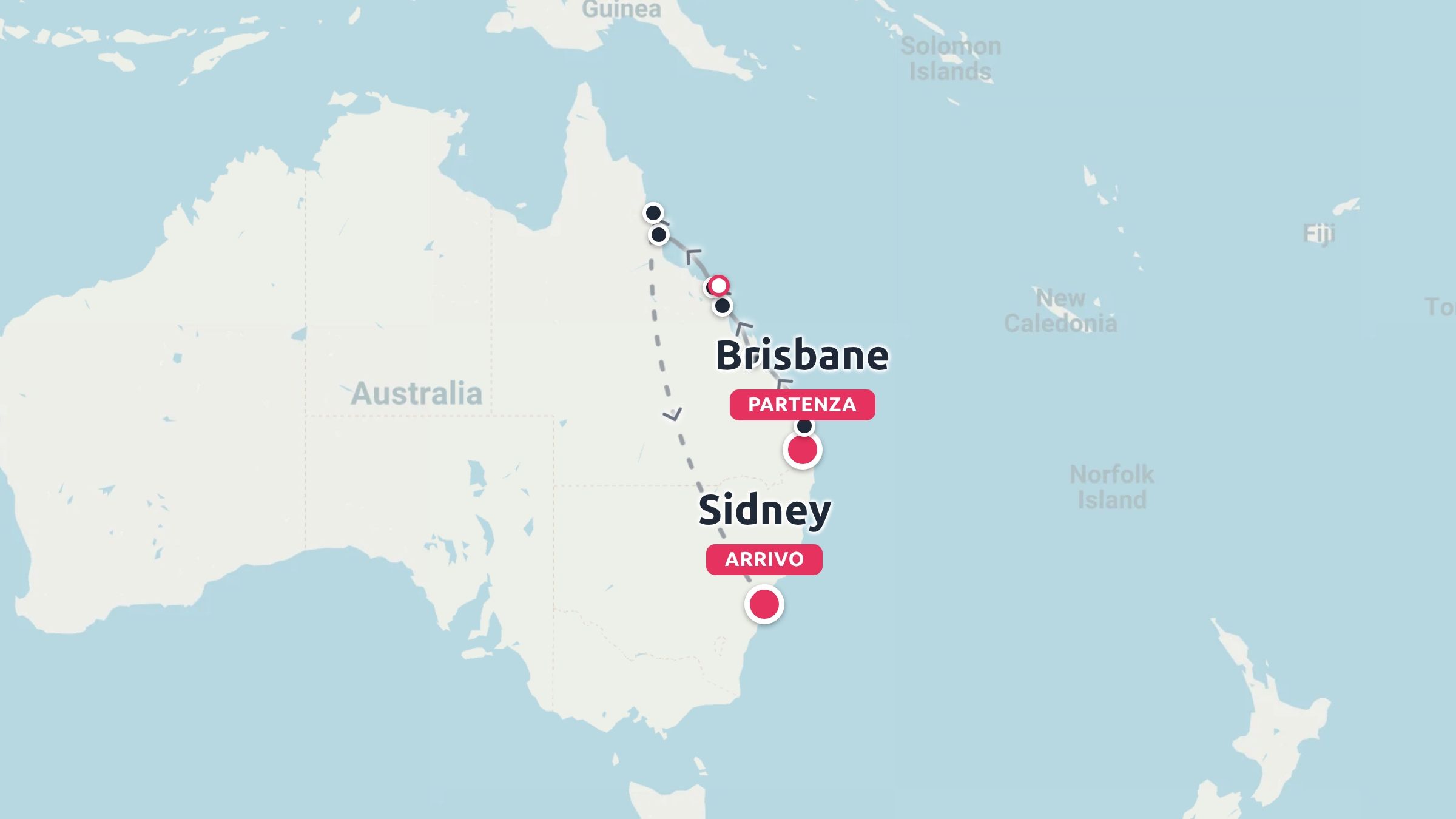 Una mappa di viaggio dell'Australia orientale che mostra un itinerario con partenza da Brisbane, risalendo la costa verso nord e arrivando a Sydney.