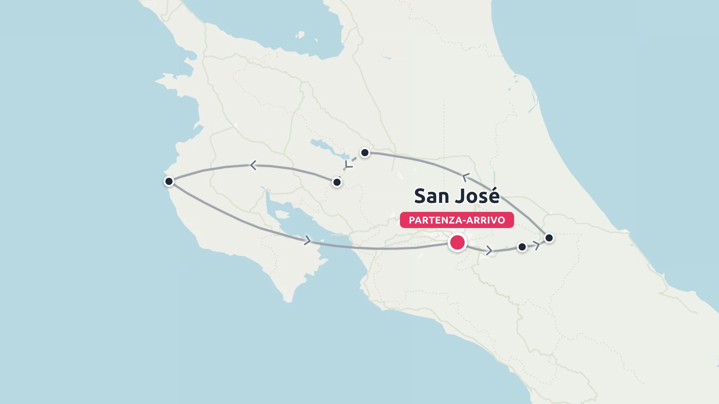 Mappa dell'itinerario di viaggio in Costa Rica che mostra un anello di andata e ritorno con partenza e arrivo a San José.