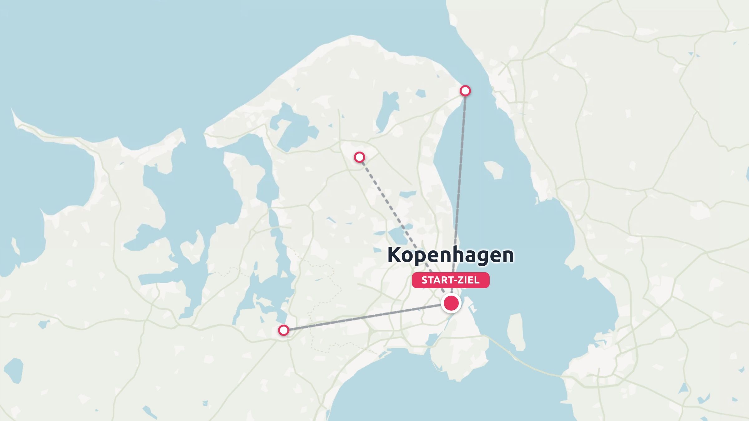 Reisekarte mit einer Reiseroute, die in Kopenhagen, Dänemark, beginnt und endet, sowie verbundenen Routenhaltestellen.